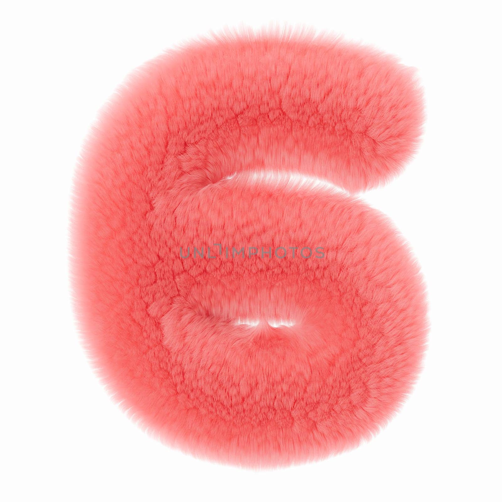 Pink and fluffy 3D number six, isolated on white background. Furry, soft and hairy symbol 6. Trendy, cute design element. Cut out object. 3D rendering