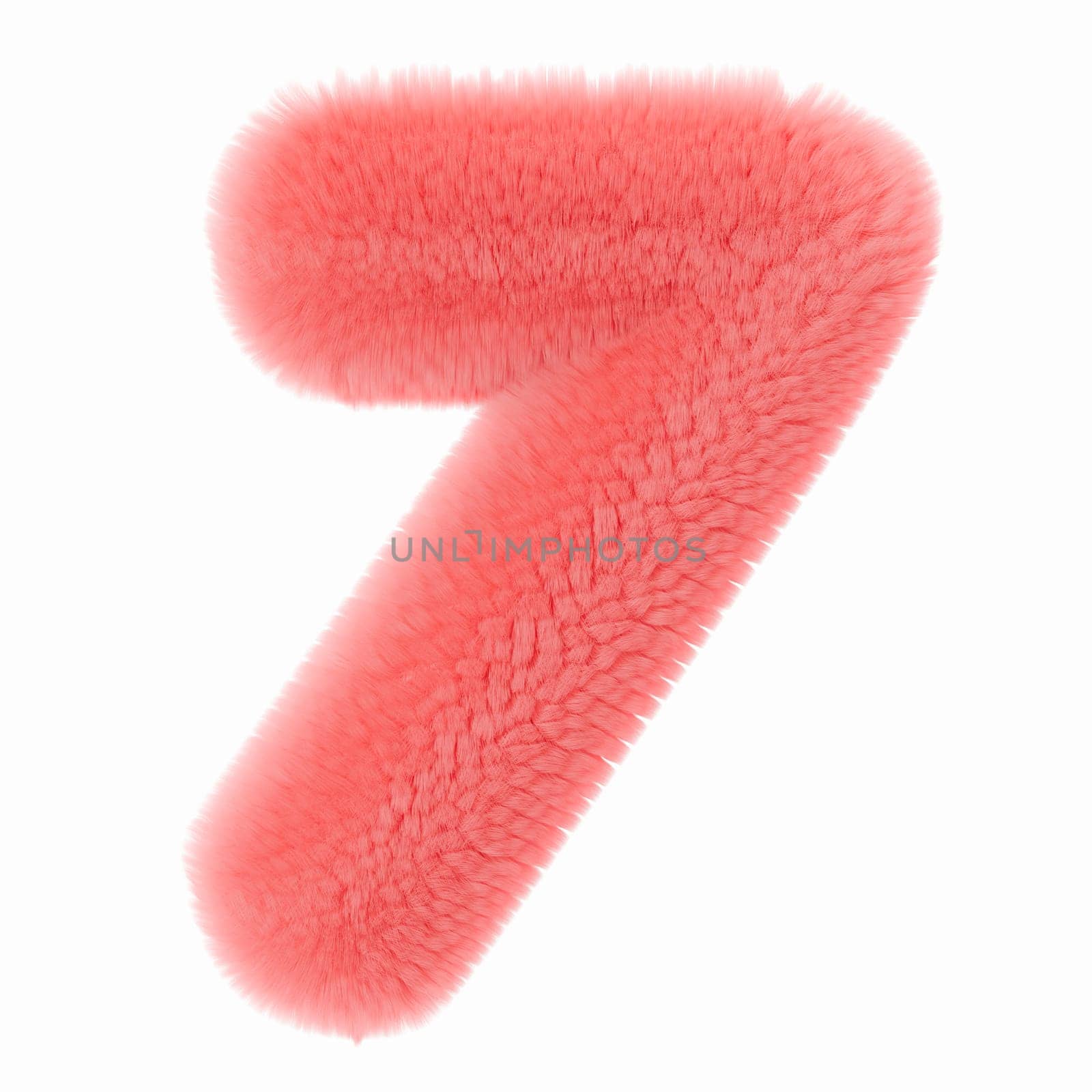 Pink and fluffy 3D number seven, isolated on white background. Furry, soft and hairy symbol 7. Trendy, cute design element. Cut out object. 3D rendering