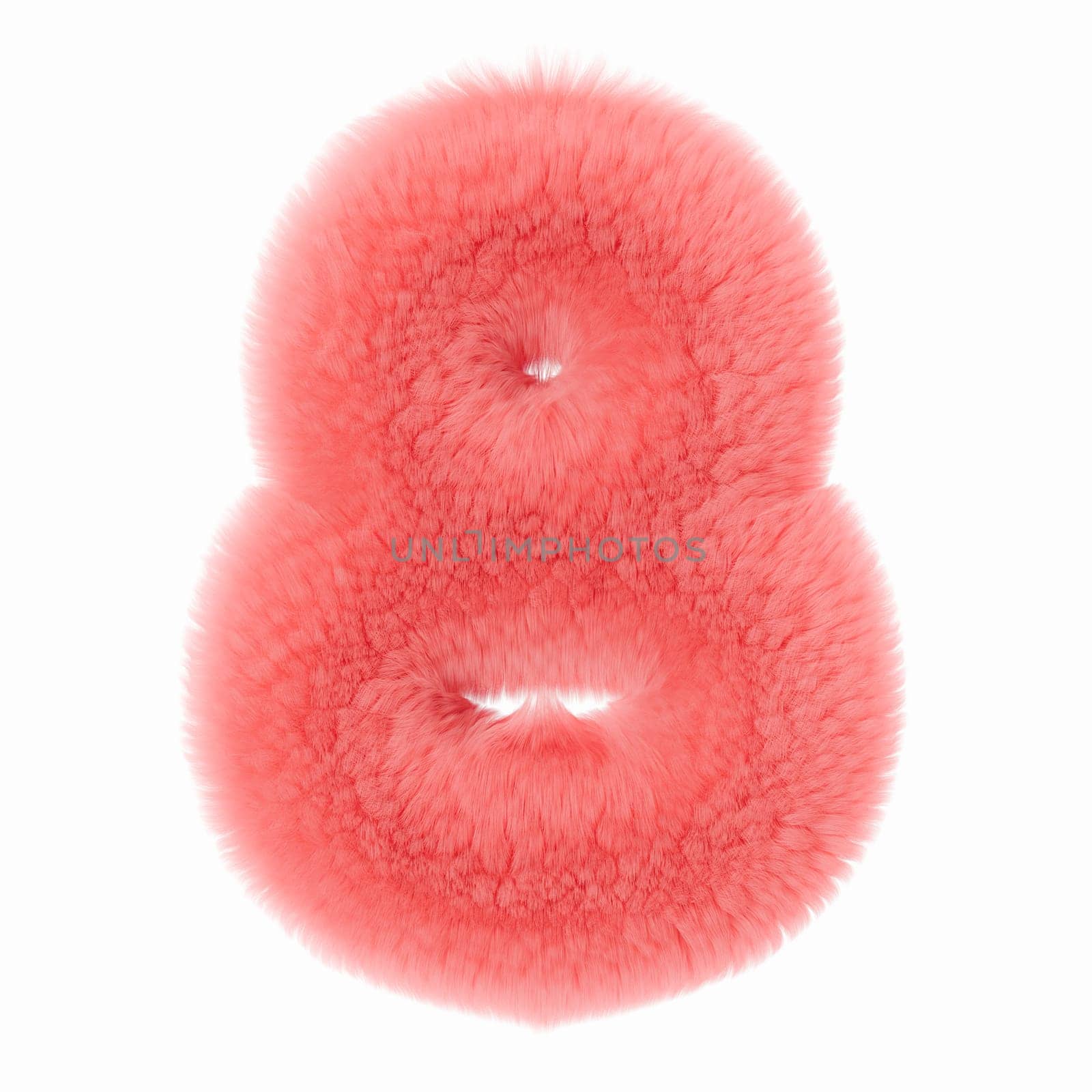 Pink and fluffy 3D number eight, isolated on white background. Furry, soft and hairy symbol 8. Trendy, cute design element. Cut out object. 3D rendering. by creativebird