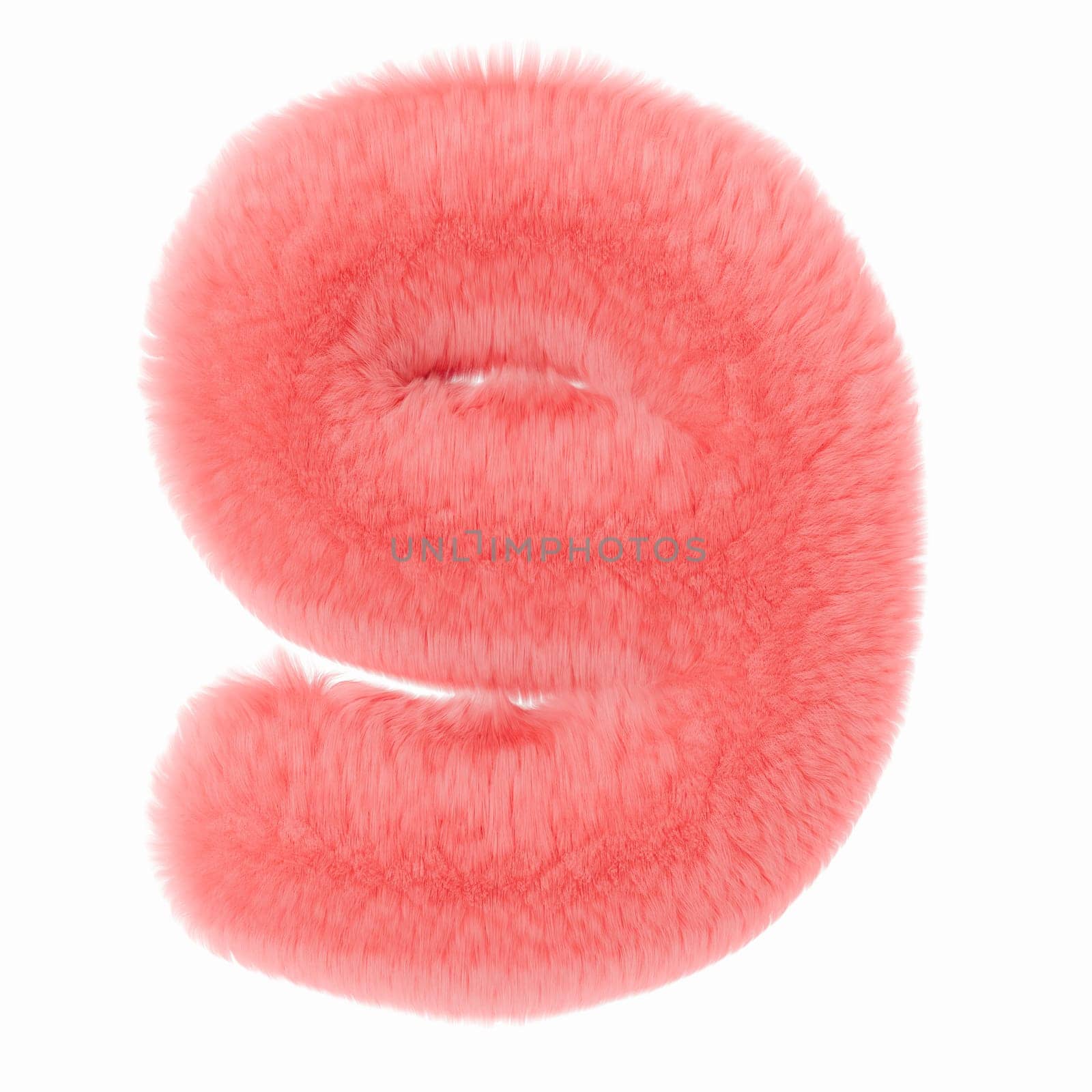 Pink and fluffy 3D number nine, isolated on white background. Furry, soft and hairy symbol 9. Trendy, cute design element. Cut out object. 3D rendering. by creativebird