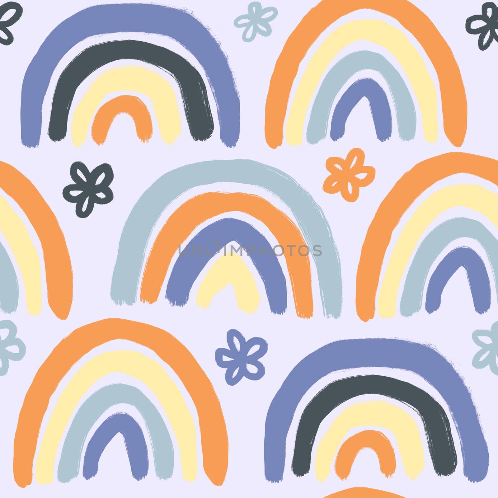 Hand drawn seamless pattern with blue orange yellow rainbows and floral flowers on pastel background. Cute trendy nursery kids children print, boho bohemian style, spring Easter traditional design. by Lagmar