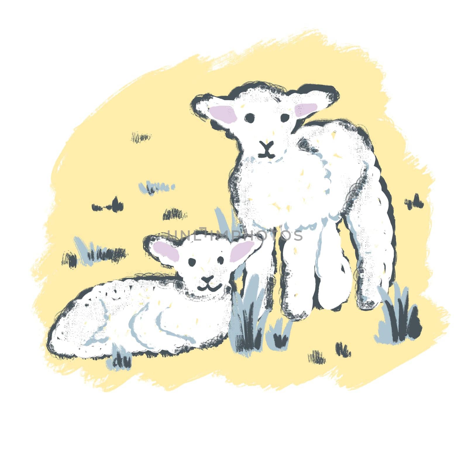 Hand drawn illustration of cute white lamb sheep in spring. Easter concept, farm animal print for kids children nurserry decor, pastel drawing in yellow background