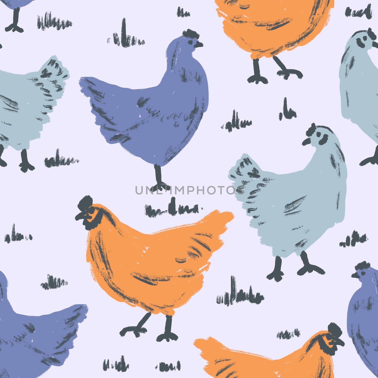 Hand drawn cute seamless pattern orange blue hen chicken on pastel background Funny design for kids children nursery, domestic animal bird poultry hen, Easter eggs concept spring print. Kitchen decor art