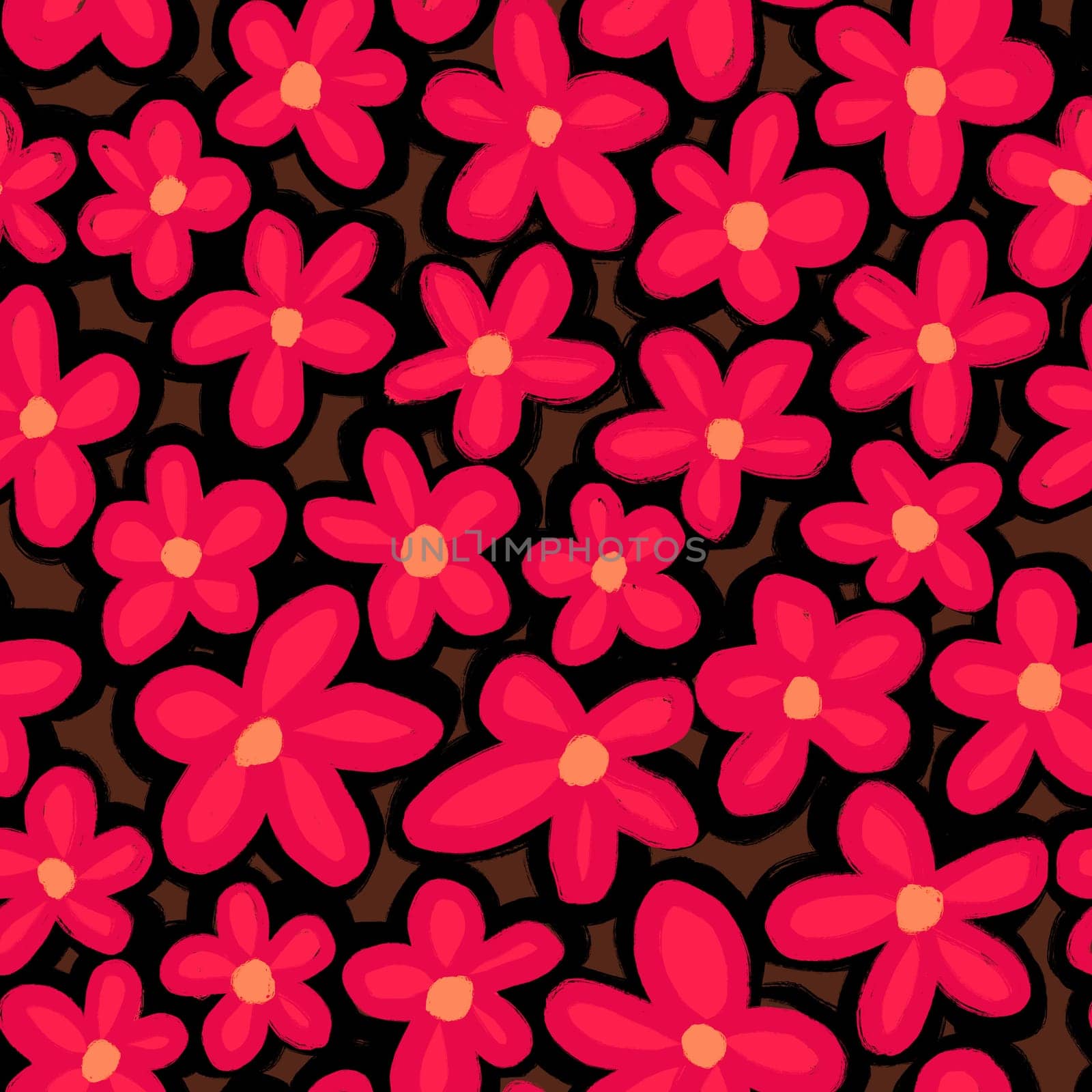 Hand drawn seamless pattern with retro 60s red daisy flowers on dark brown background. Simple minimalist floral print in cartoon boho bohemian style, spring garden nature plant, romantic trendy bloom. by Lagmar