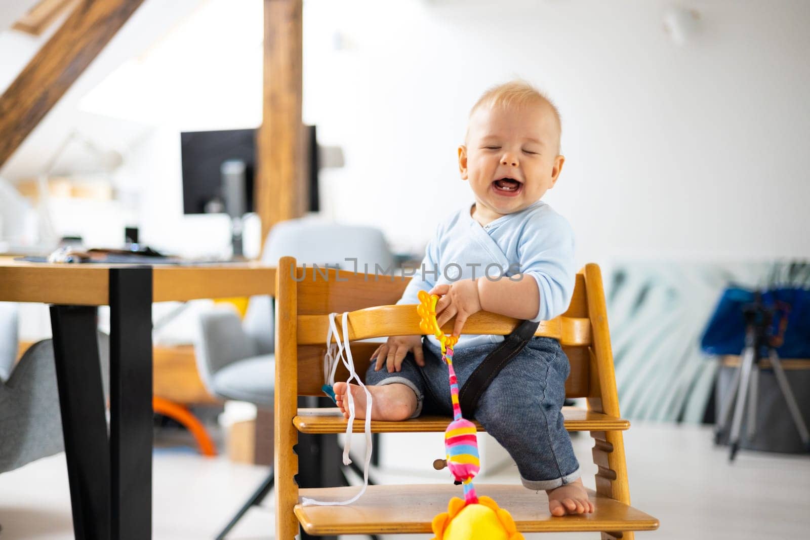 Happy infant sitting and playing with his toy in traditional scandinavian designer wooden high chair in modern bright atic home. Cute baby. by kasto