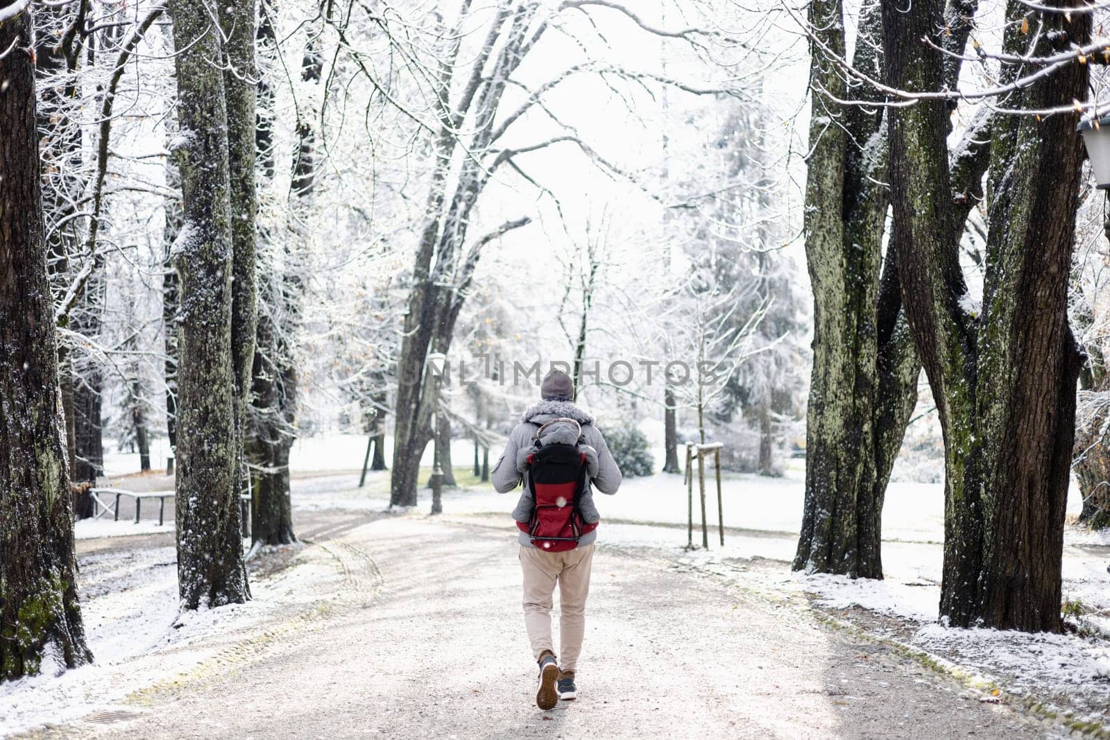 Rear view of sporty father carrying his infant son wearing winter jumpsuit and cap in backpack carrier walking in city park in winter by kasto