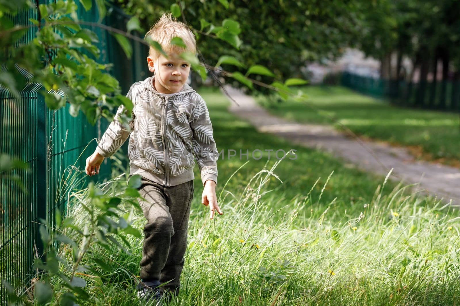 A portrait of a cute blond little boy in a green city park during the summer. by Lincikas