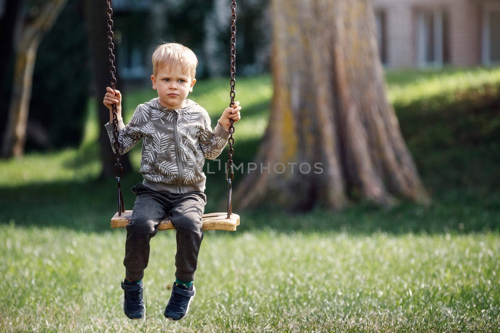A sad, dreaming little boy swings in a city park under a big tree. Horizontal photo.
