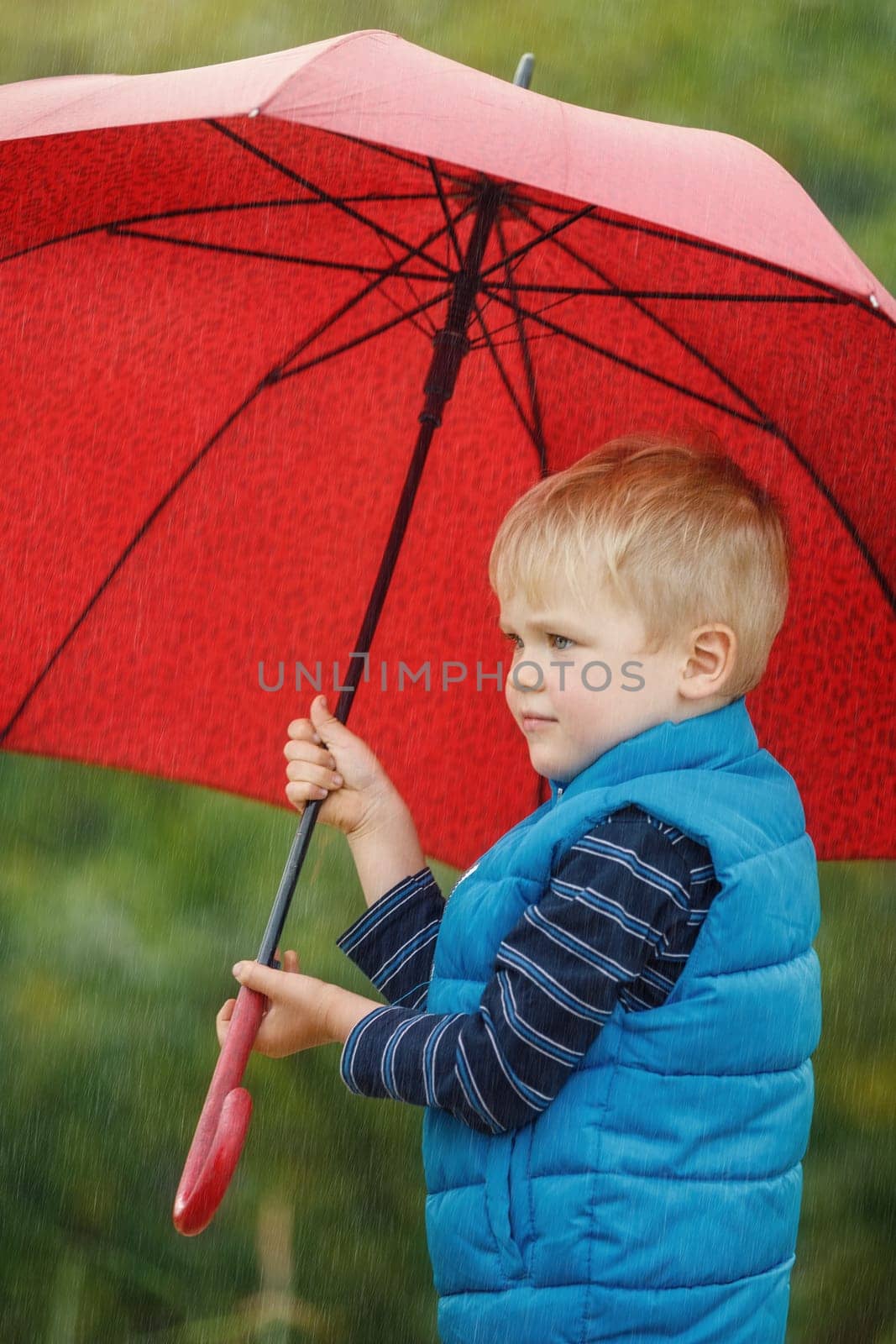 Adorable child holding an red umbrella during a rain storm. Vertical photo.