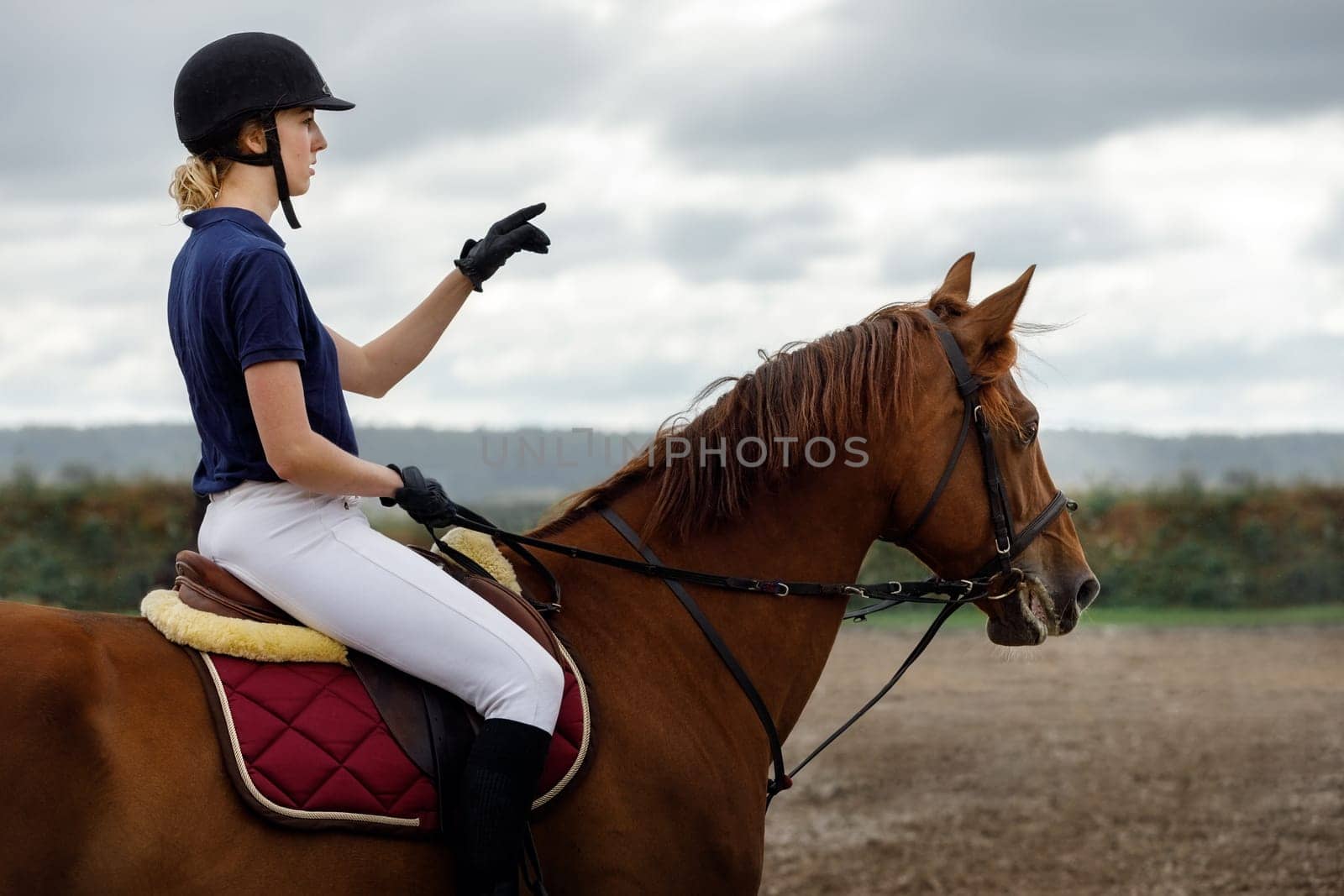 Young girl is learning to ride on a horse on the horse riding field. The woman looks into the distance and plans the riding route with her hand by Lincikas