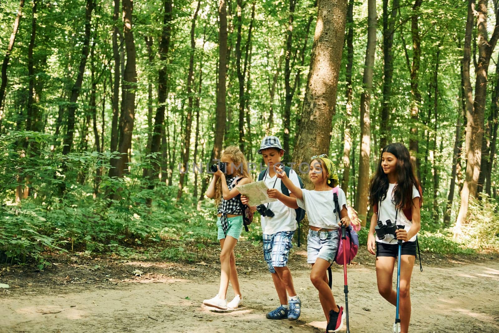 Summertime weekend. Kids strolling in the forest with travel equipment by Standret