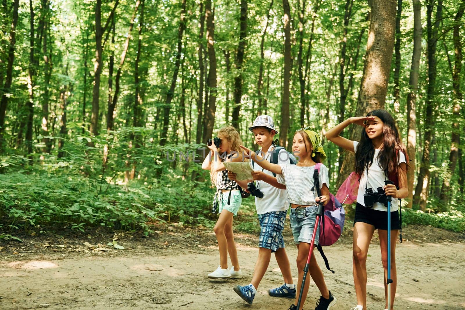 Summertime weekend. Kids strolling in the forest with travel equipment by Standret