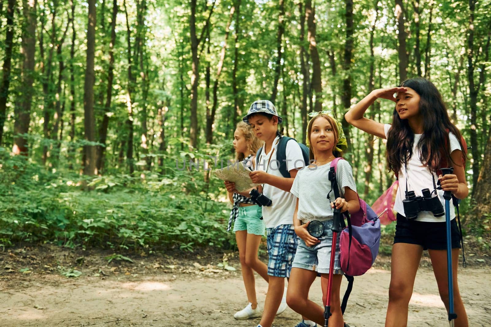 Front view. Kids strolling in the forest with travel equipment.