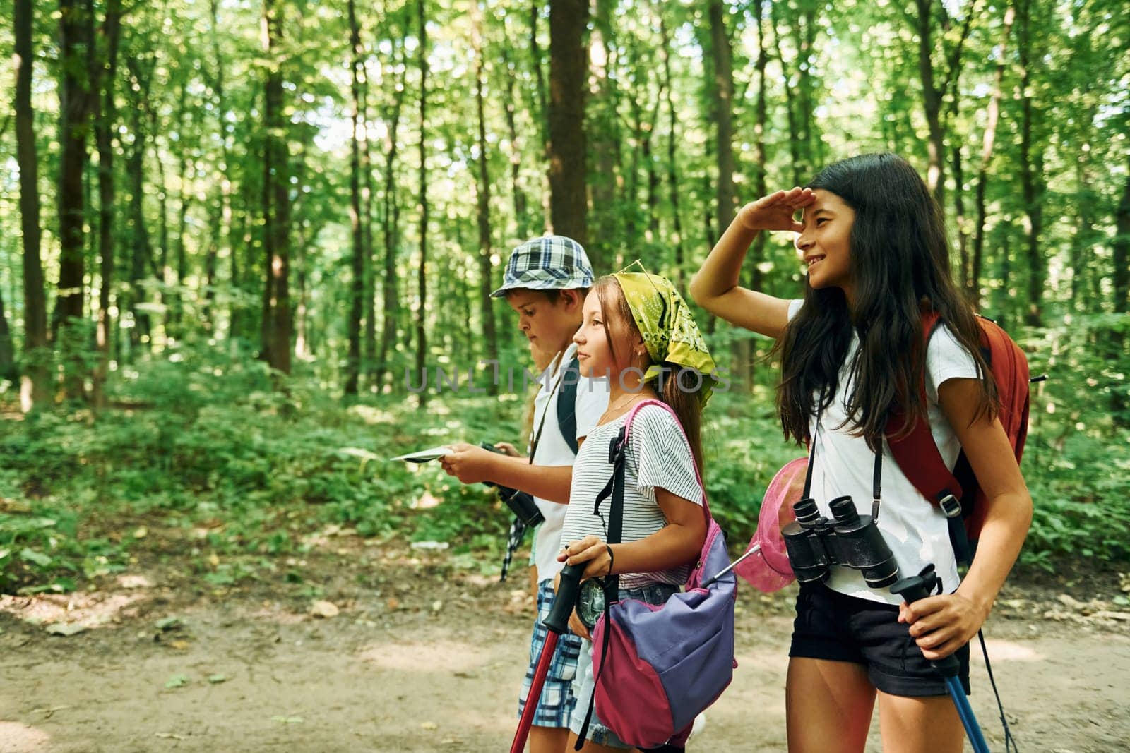 Front view. Kids strolling in the forest with travel equipment.