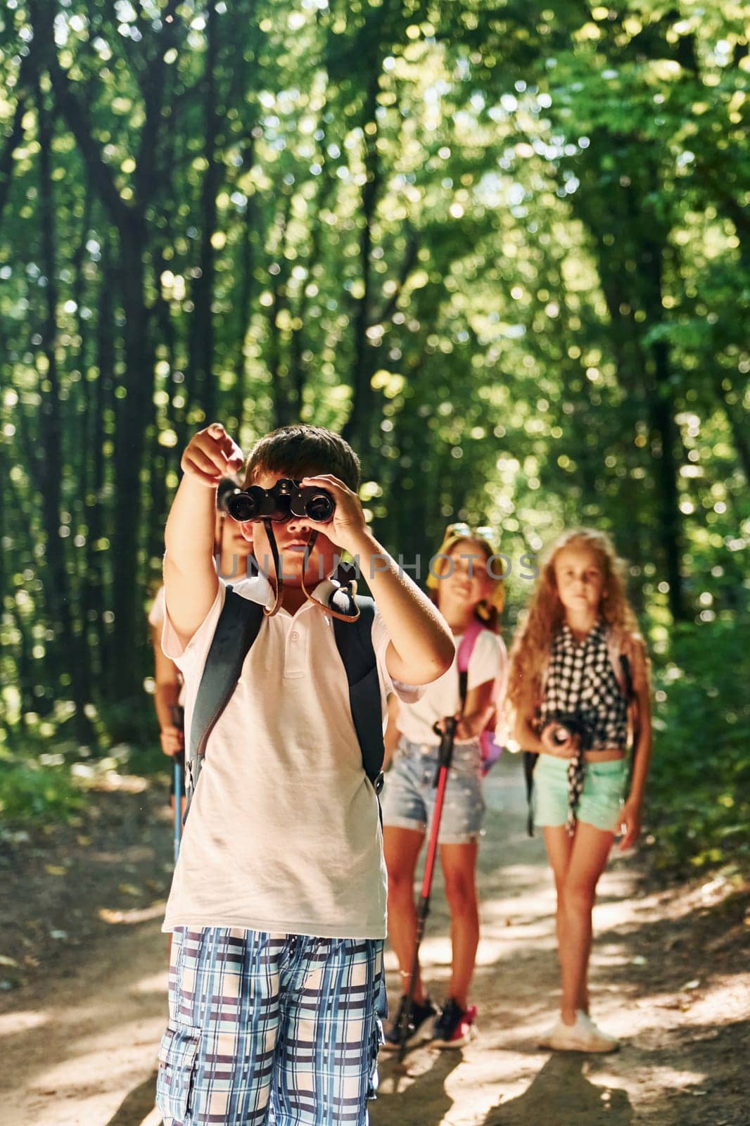 Beautiful nature. Kids strolling in the forest with travel equipment by Standret