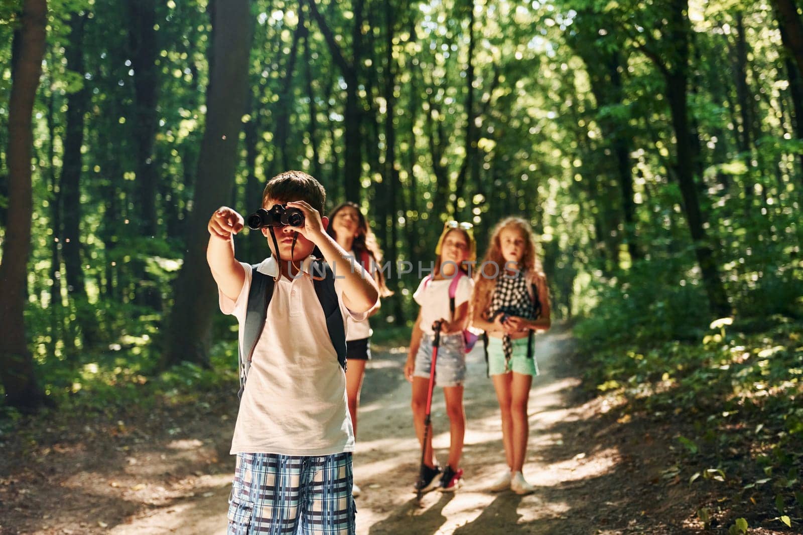 Beautiful nature. Kids strolling in the forest with travel equipment by Standret