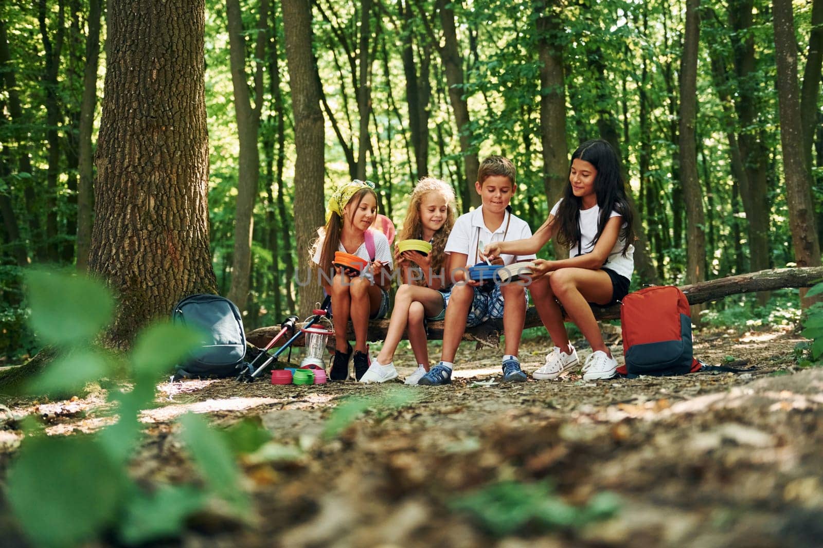 Sitting and having a rest. Kids strolling in the forest with travel equipment by Standret