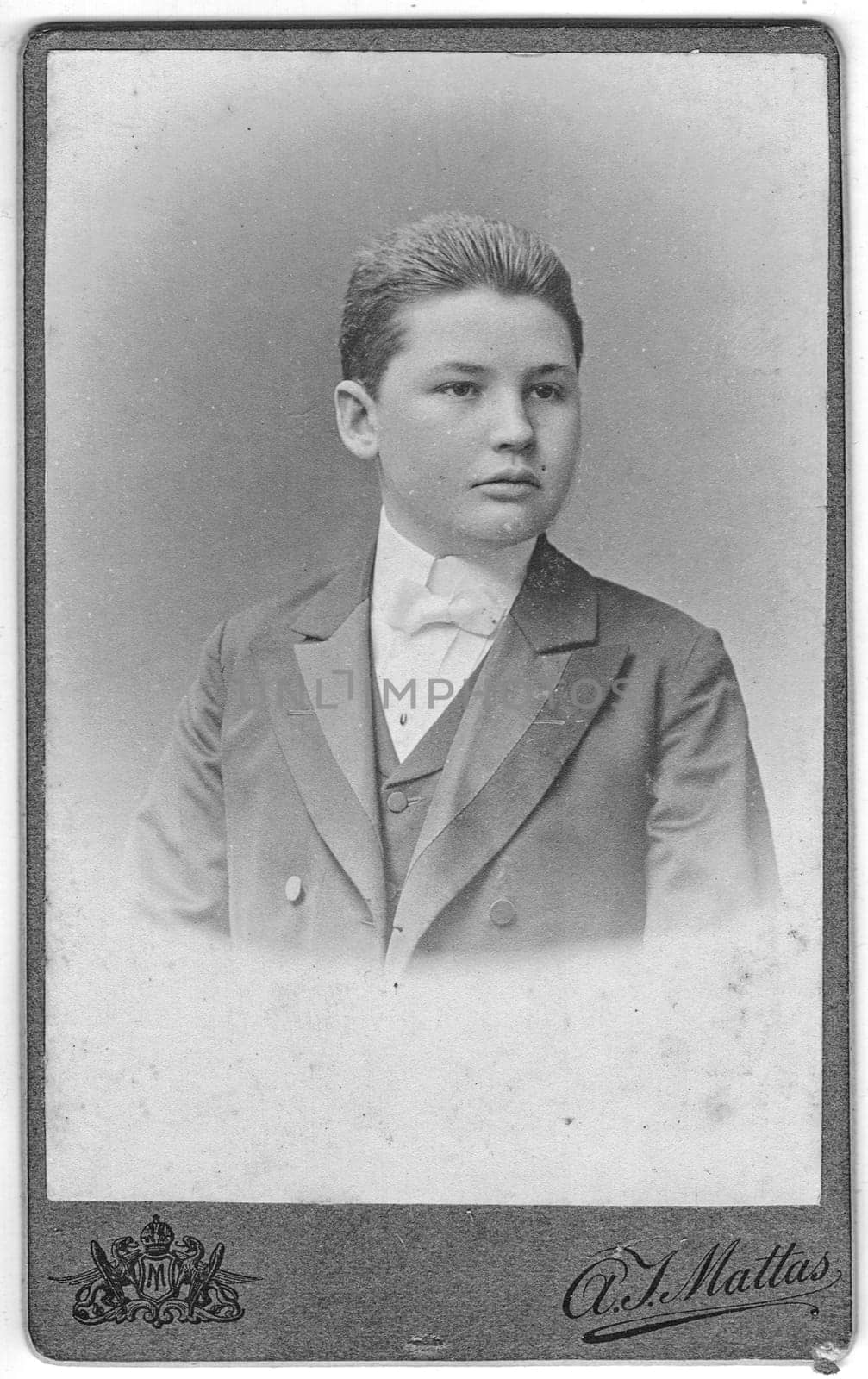 Vintage cabinet card shows portrait of the young man wearing bow tie. Photo was taken in a photo studio. Edwardian era. Photo was taken in Austro-Hungarian Empire or also Austro-Hungarian Monarchy. by roman_nerud