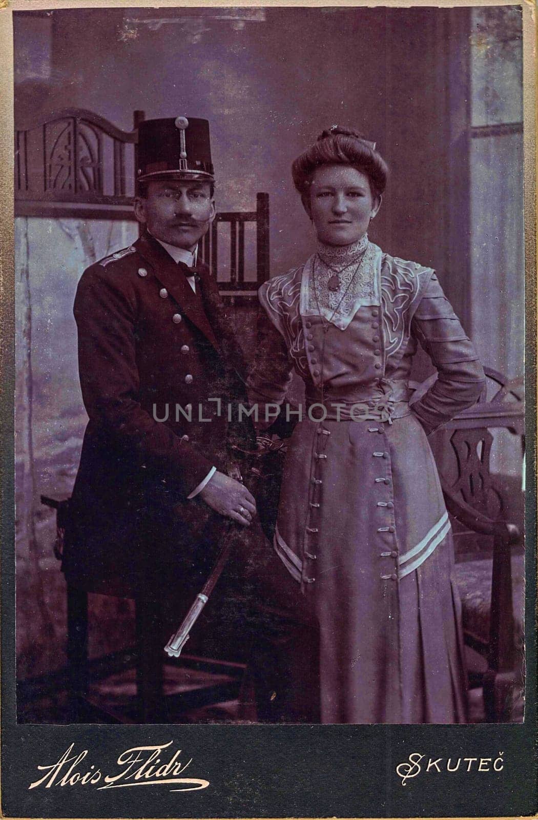 SKUTEC, AUSTRIA-HUNGARY - JULY 23, 1906: Vintage photo shows the engaged couple. Photo was taken in Austro-Hungarian Empire or also Austro-Hungarian Monarchy, on July 23, 1906