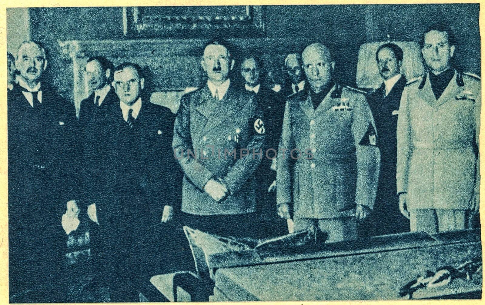MUNICH, GERMANY - SEPTEMBER 29, 1938: Munich agreement - Czechoslovakia has ceased to exist. From left - Neville Chamberlain, Great Britain douard Daladier, France Adolf Hitler, Nazi Germany and Benito Mussolini , fascistic Italy.