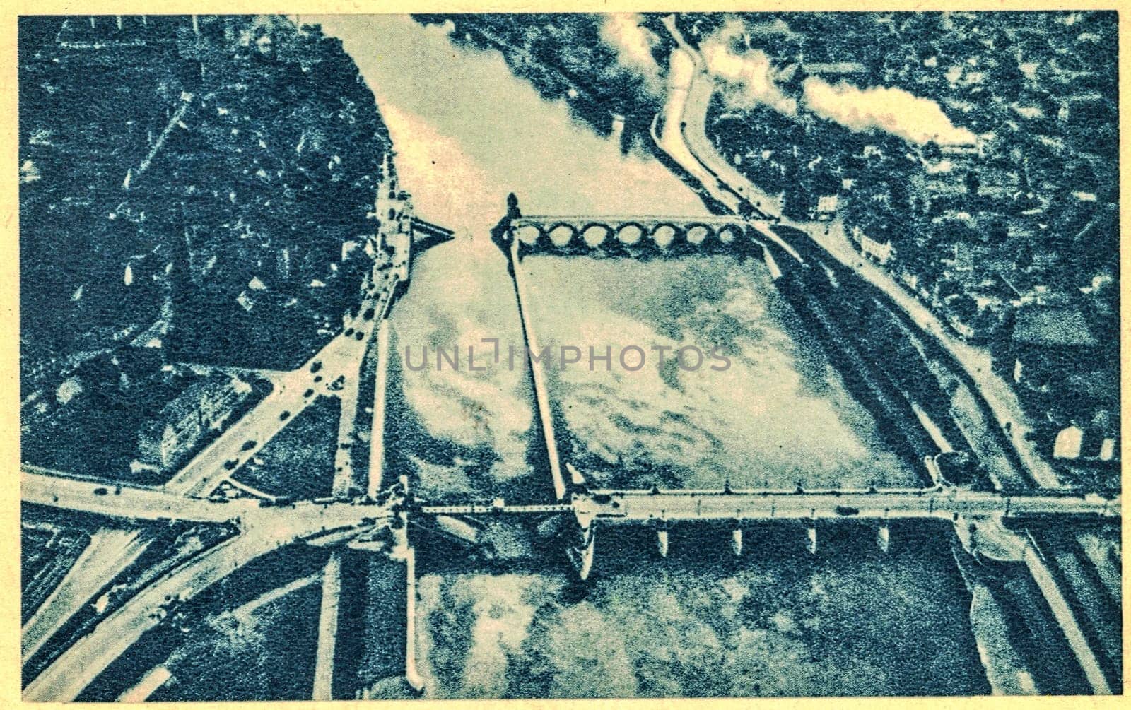 MAASTRICHT, THE NETHERLANDS - MAY 10, 1940: Aerial of city center and river Maas. The German army invaded the Netherlands.