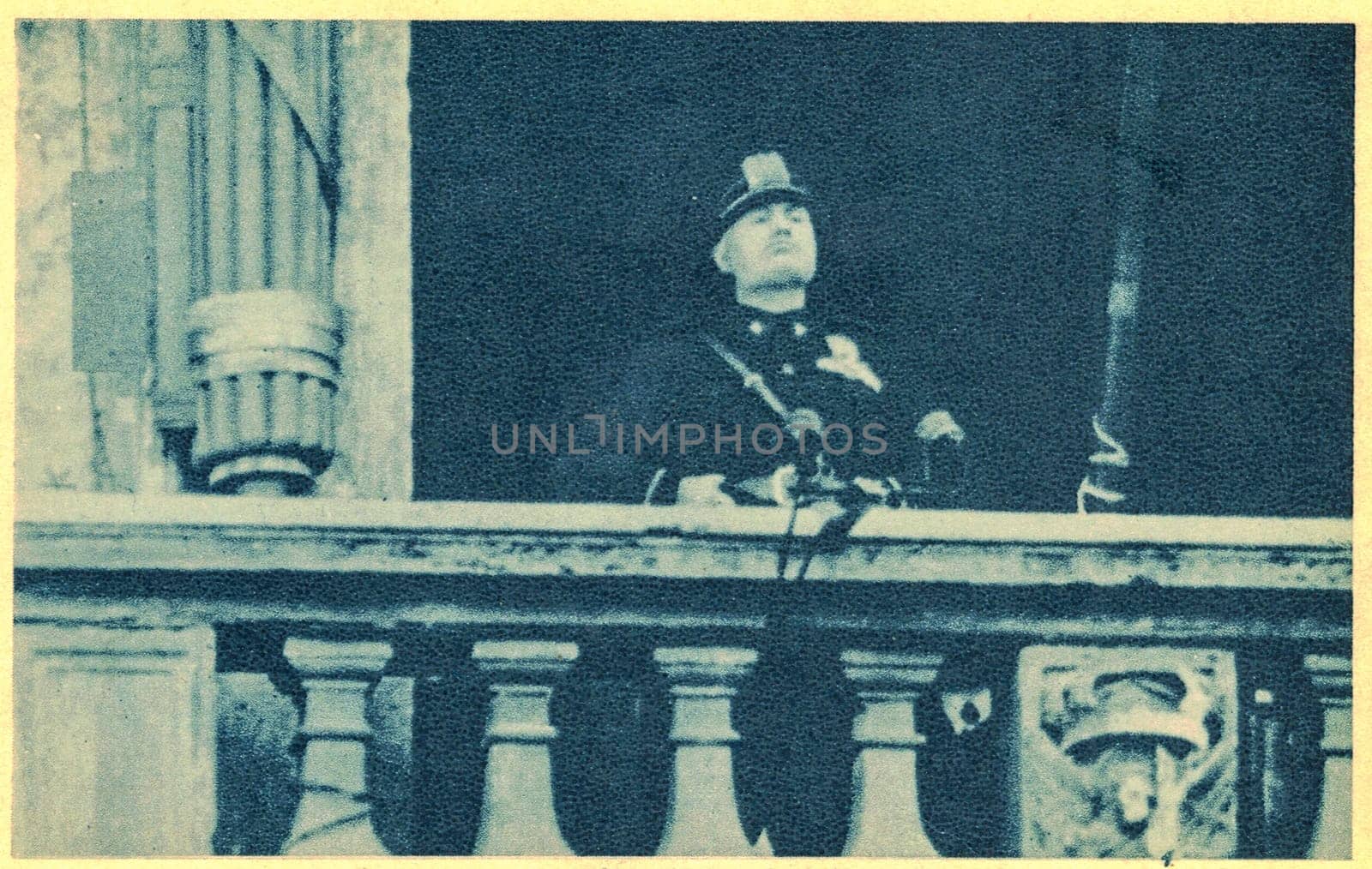 Mussolini announces that Italy is at war from the balcony of the Palazzo Venezia on 10 June 1940. Italian Duce Benito Mussolini - with the support of the King of Italy - appears in public at 18:00 on 10 June 1940 and declares war on Great Britain and France. by roman_nerud