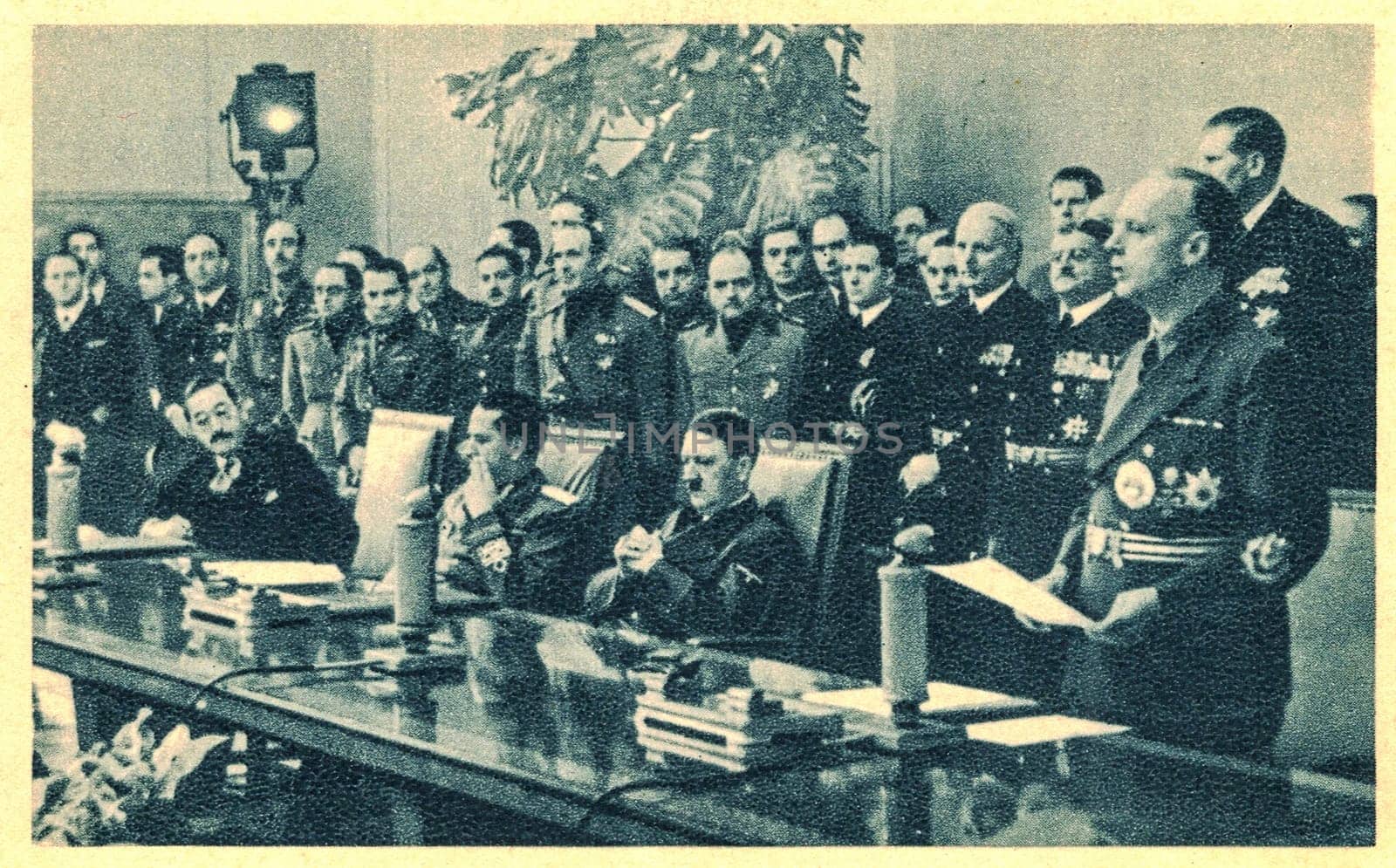 The Tripartite Pact, also known as the Berlin Pact, was an agreement between Germany, Italy and Japan signed in Berlin on 27 September 1940. Signing ceremony for the Axis Powers Tripartite Pact seated at front left left to right are Japan's Ambassador Sabur Kurusu leaning forward, Italy's Minister of Foreign Affairs Galeazzo Ciano and Germany's Fuhrer Adolf Hitler slumping in his chair . by roman_nerud