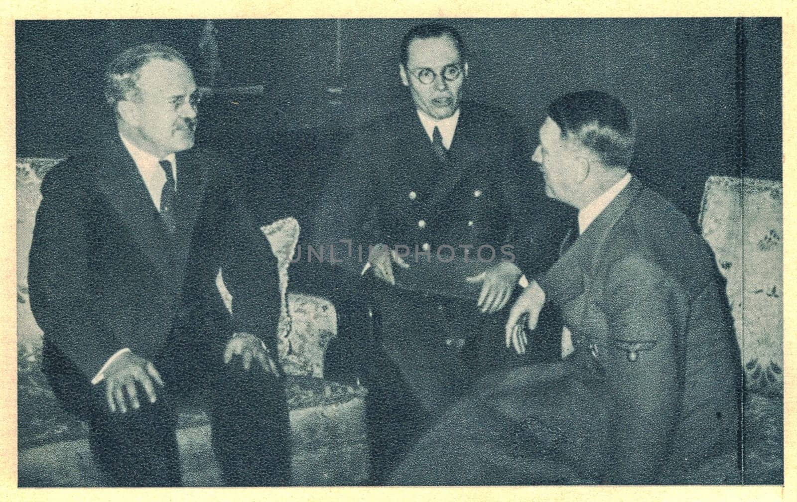 Molotov and Hitler in conversation, Counselor Gustav Hilger interprets. Soviet Foreign Minister Vyacheslav Molotov arrives on 12 November 1940 at the Berlin train station at midday. German Foreign Minister Joachim Ribbentrop meets him there and they then sit down for a meeting. They then proceed to the Reich Chancellery, where Molotov meets Adolf Hitler. by roman_nerud