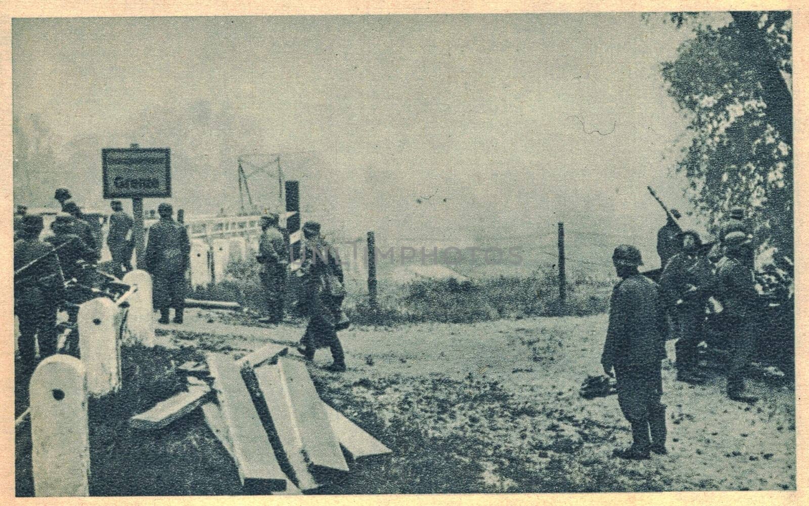 POLAND-GALICIA - 1941: German troops build the pontoon bridge over the river San. Polish and Ukrainian border line.