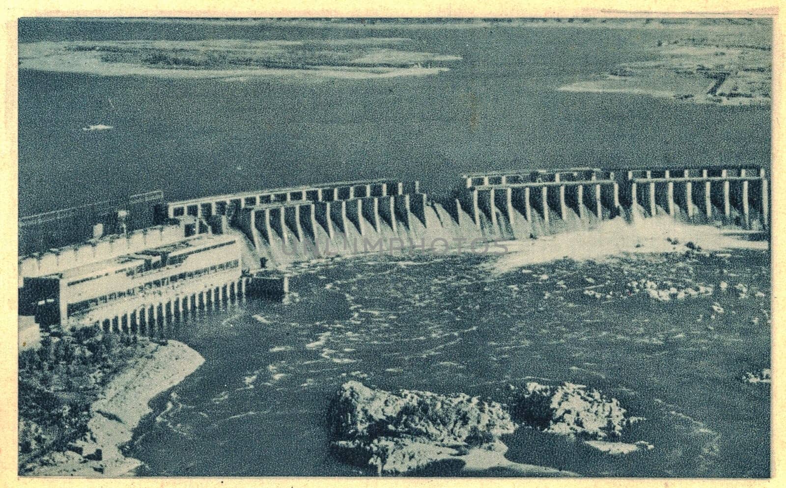 THE DNIEPER, SOVIET UNION - 1943: The bobmardment of hydroelectric power station on the river Dnieper. Dnieper Hydroelectric Station, wiev from Khortytsya