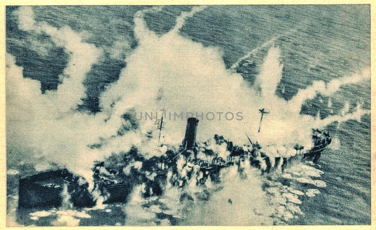 German coastal war ship after Allied bombardment. War ship in fire. by roman_nerud
