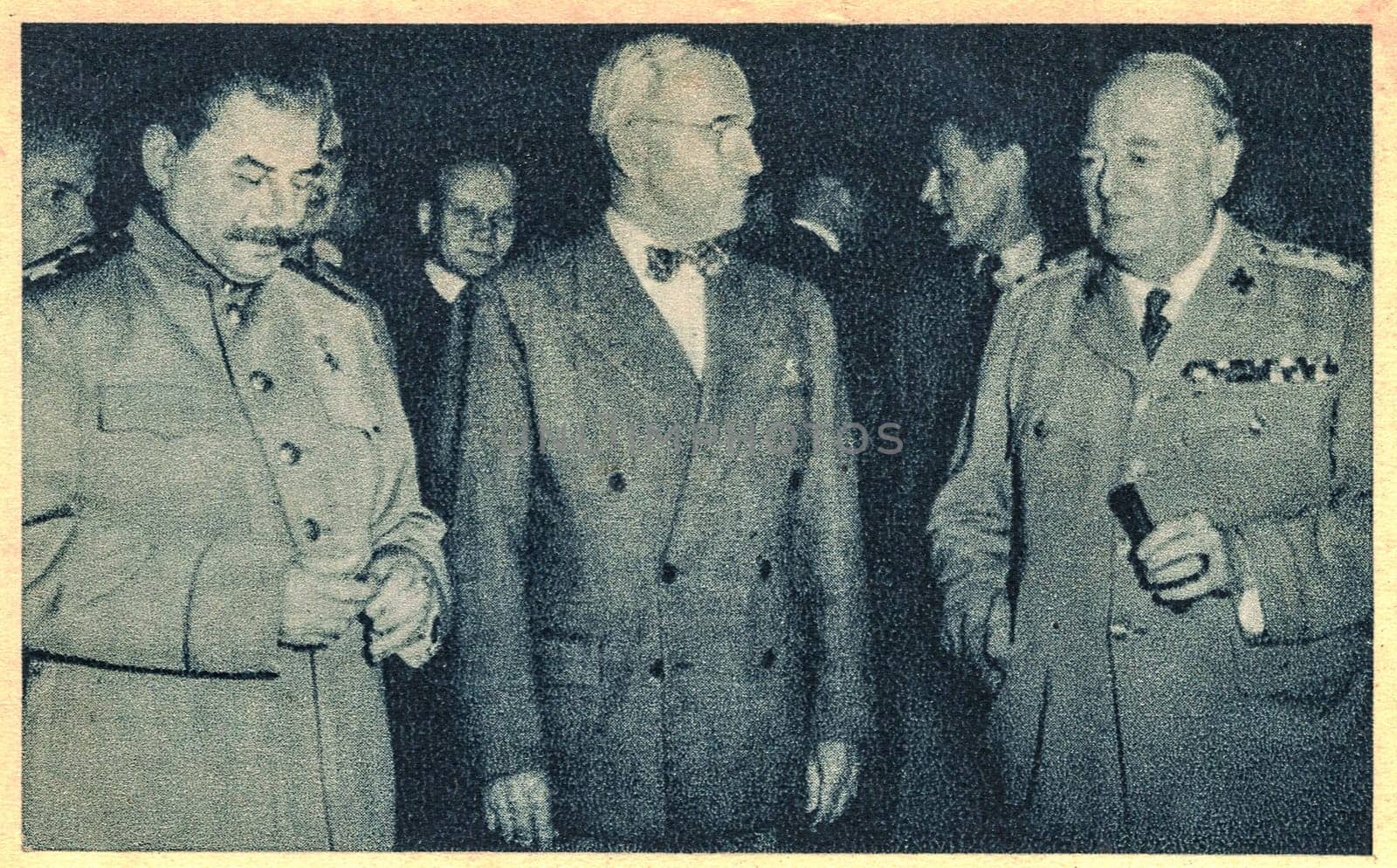 The Potsdam Conference was held in Potsdam, Germany, from July 17 to August 2, 1945. In some older documents, it is also referred to as the Berlin Conference of the Three Heads of Government of the USSR, the USA, and the UK. Joseph Stalin, Harry Truman and Winston Churchill during the Potsdam Conference. by roman_nerud