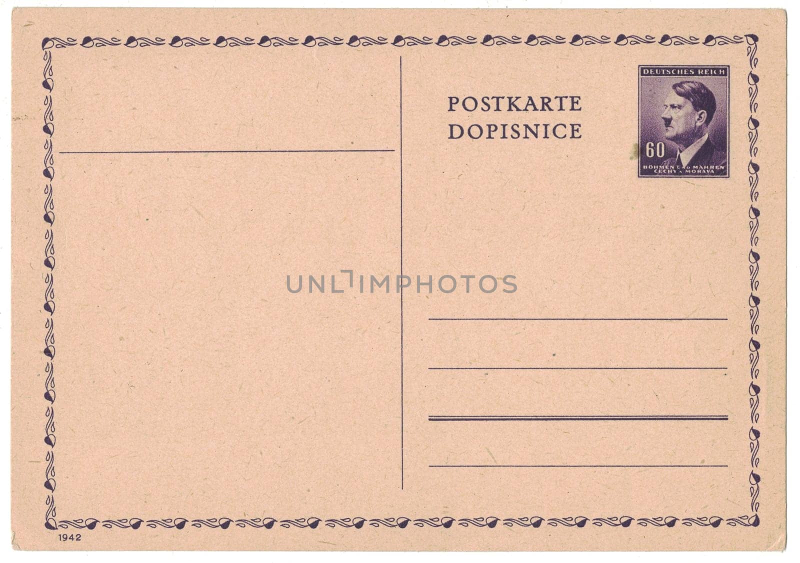 Old postal card with printed post stamp shows portrait of Adolf Hitler politician, leader of Nazi Party, dictator, veteran of World War , violet, circa 1942 by roman_nerud