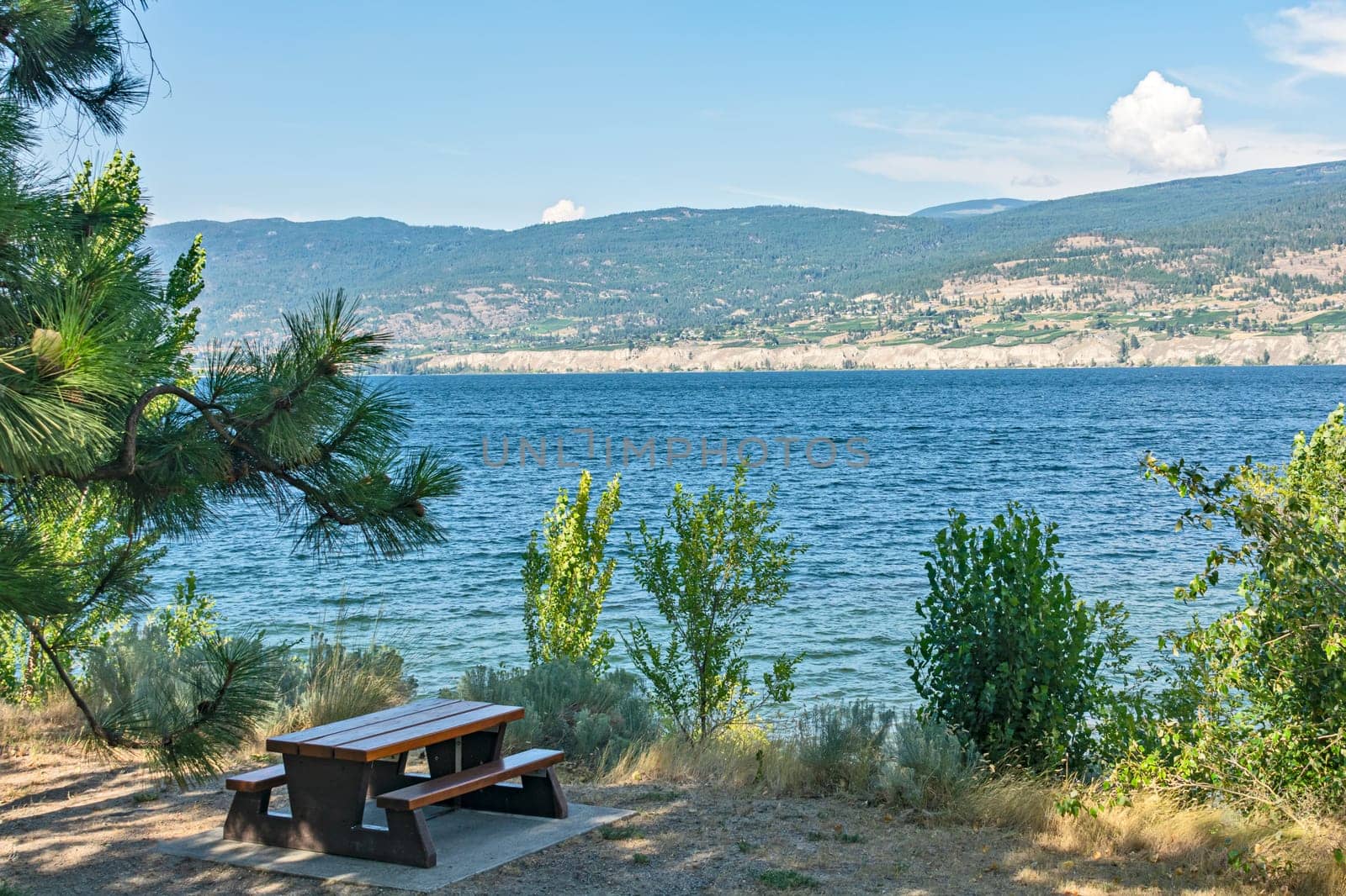 Recreation area with beautiful overview of a lake and mountains. by Imagenet