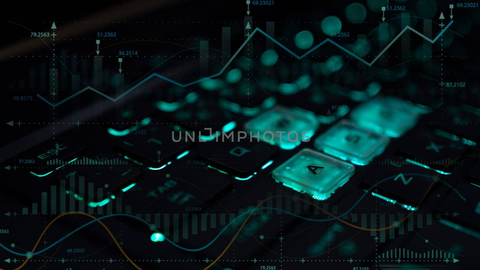 Close-up shot of keyboard with glowing business icons. Concept of business, finance, investment.