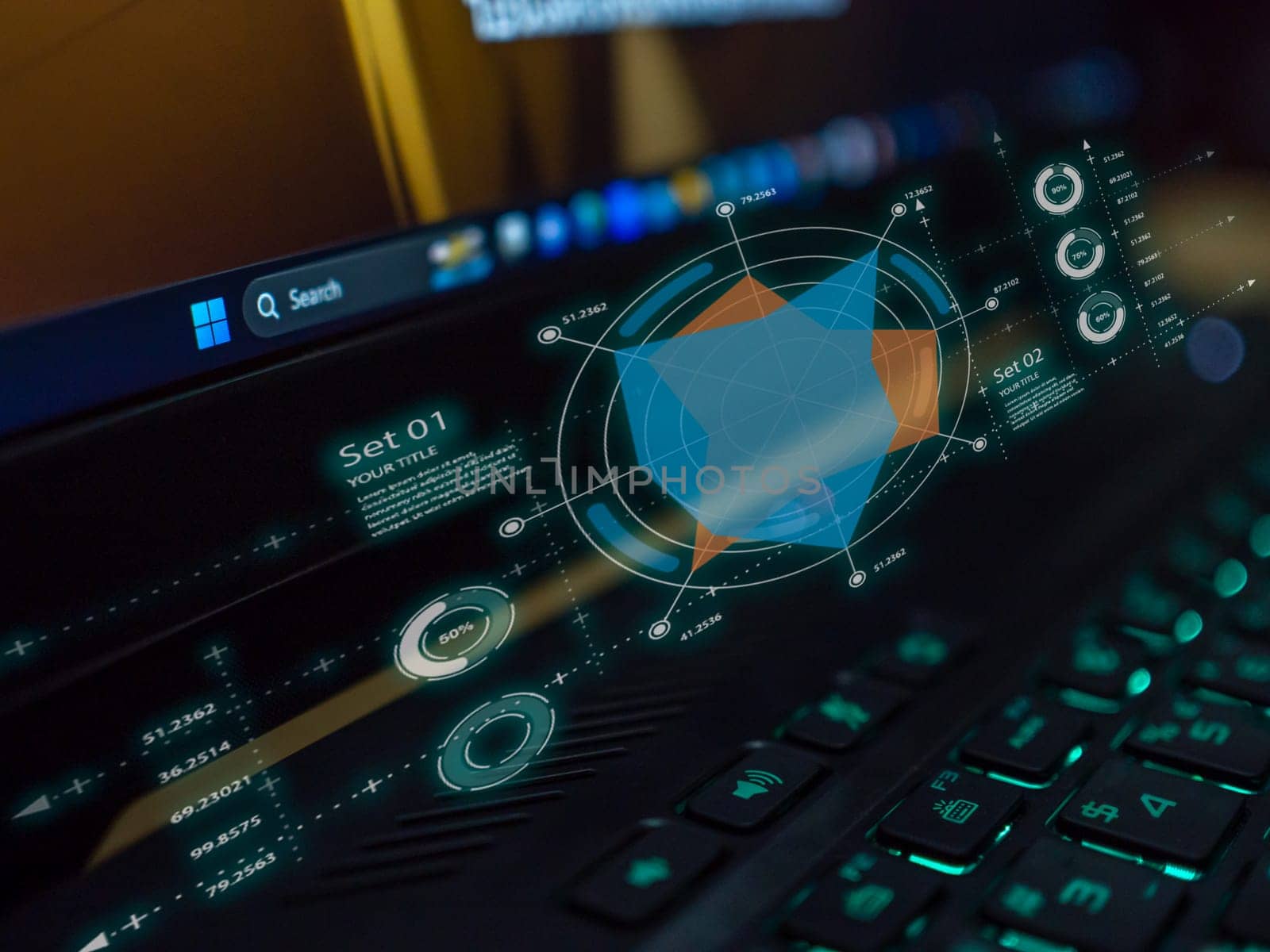 Close-up shot of a computer with icons Glowing business chart. Concept of business, finance, investment.