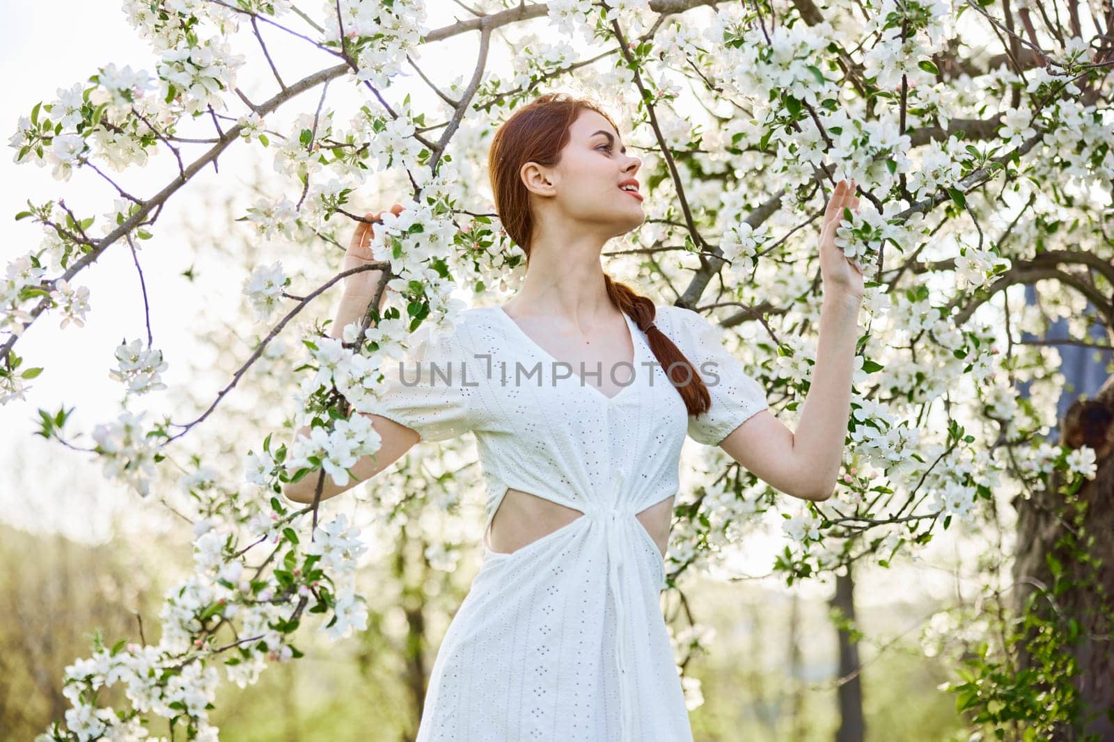a slender, happy woman in a light dress poses next to a flowering tree in the countryside. High quality photo