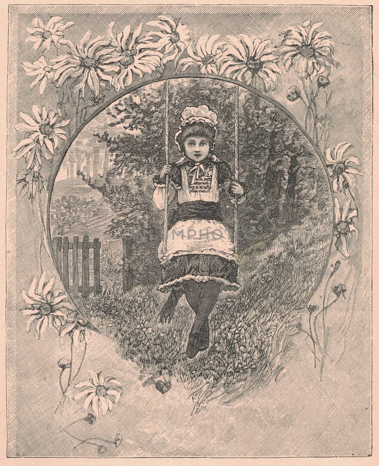 Black and white antique illustration shows a girl swinging on a swing. Vintage illustration shows the girl sitting on a swing in the garden. Old picture from fairy tale book. Storybook illustration published 1910. Oral storytelling is the earliest method for sharing narratives. During most people's childhoods, narratives are used to guide them on proper behavior, cultural history, formation of a communal identity, and values, as especially studied in anthropology today among traditional indigenous peoples.