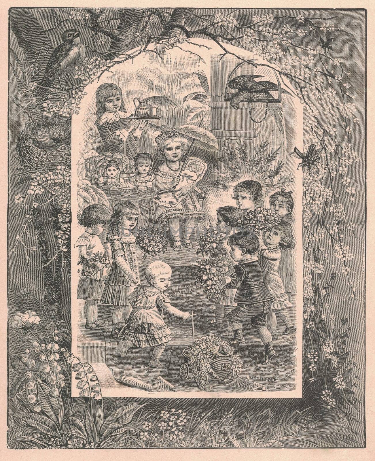 Black and white antique illustration shows children with flowers in the garden. Vintage drawing shows a group of children in the blooming garden. Old picture from fairy tale book. Storybook illustration published 1910. A fairy tale, fairytale, wonder tale, magic tale, fairy story or Marchen is an instance of folklore genre that takes the form of a short story. Such stories typically feature mythical entities such as dwarfs, dragons, elves, fairies and Peris, giants, Divs, gnomes, goblins, griffins, mermaids, talking animals, trolls, unicorns, or witches, and usually magic or enchantments.