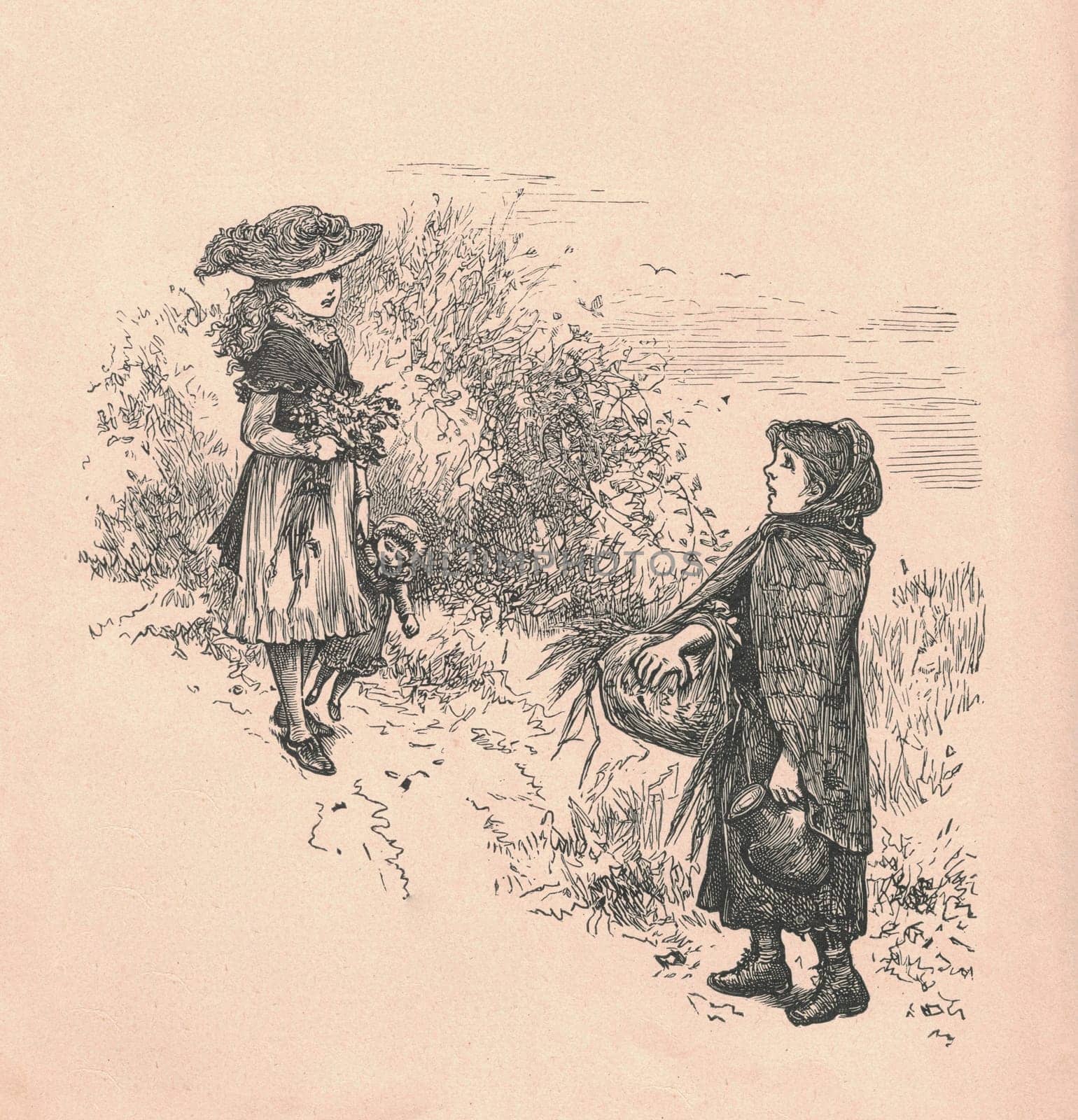 Black and white antique illustration shows two little girls in nature. Vintage drawing shows two young girls outside. Old picture from fairy tale book. Storybook illustration published 1910. by roman_nerud