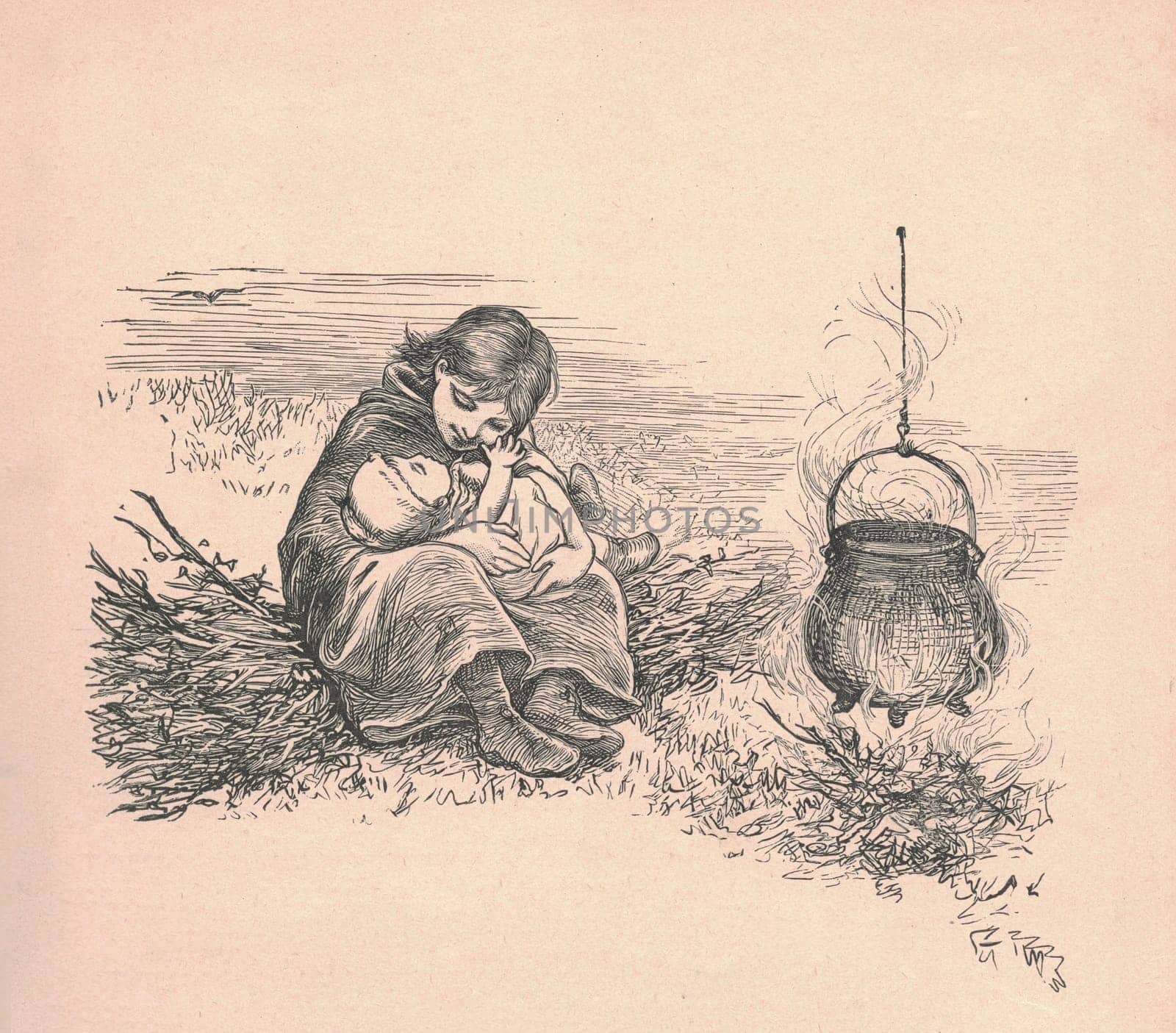 Black and white antique illustration shows a female tramp and her little baby. Vintage drawing shows the female tramp and her small baby. Old picture from fairy tale book. Storybook illustration published 1910. A fairy tale, fairytale, wonder tale, magic tale, fairy story or Marchen is an instance of folklore genre that takes the form of a short story. Such stories typically feature mythical entities such as dwarfs, dragons, elves, fairies and Peris, giants, Divs, gnomes, goblins, griffins, mermaids, talking animals, trolls, unicorns, or witches, and usually magic or enchantments.
