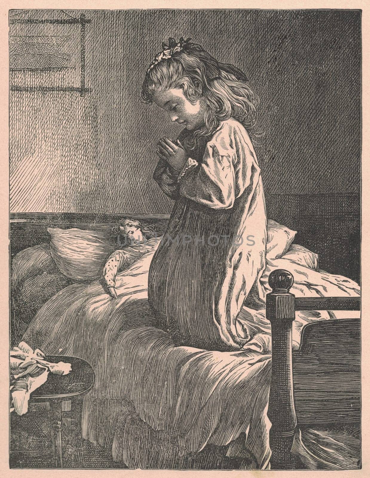 Black and white antique illustration shows a little girl prays on a bed. Vintage drawing shows the small girl prays on the bed. Old picture from fairy tale book. Storybook illustration published 1910. by roman_nerud
