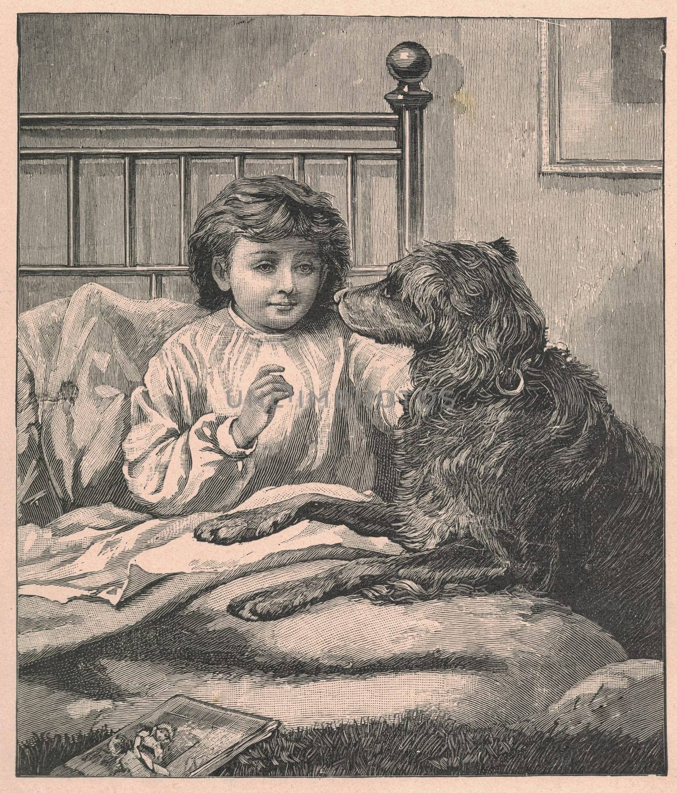 Black and white antique illustration shows a little boy with a dog in the bedroom. Vintage drawing shows the small boy with a dog in the bedroom. Old picture from fairy tale book. Storybook illustration published 1910. A fairy tale, fairytale, wonder tale, magic tale, fairy story or Marchen is an instance of folklore genre that takes the form of a short story. Such stories typically feature mythical entities such as dwarfs, dragons, elves, fairies and Peris, giants, Divs, gnomes, goblins, griffins, mermaids, talking animals, trolls, unicorns, or witches, and usually magic or enchantments.
