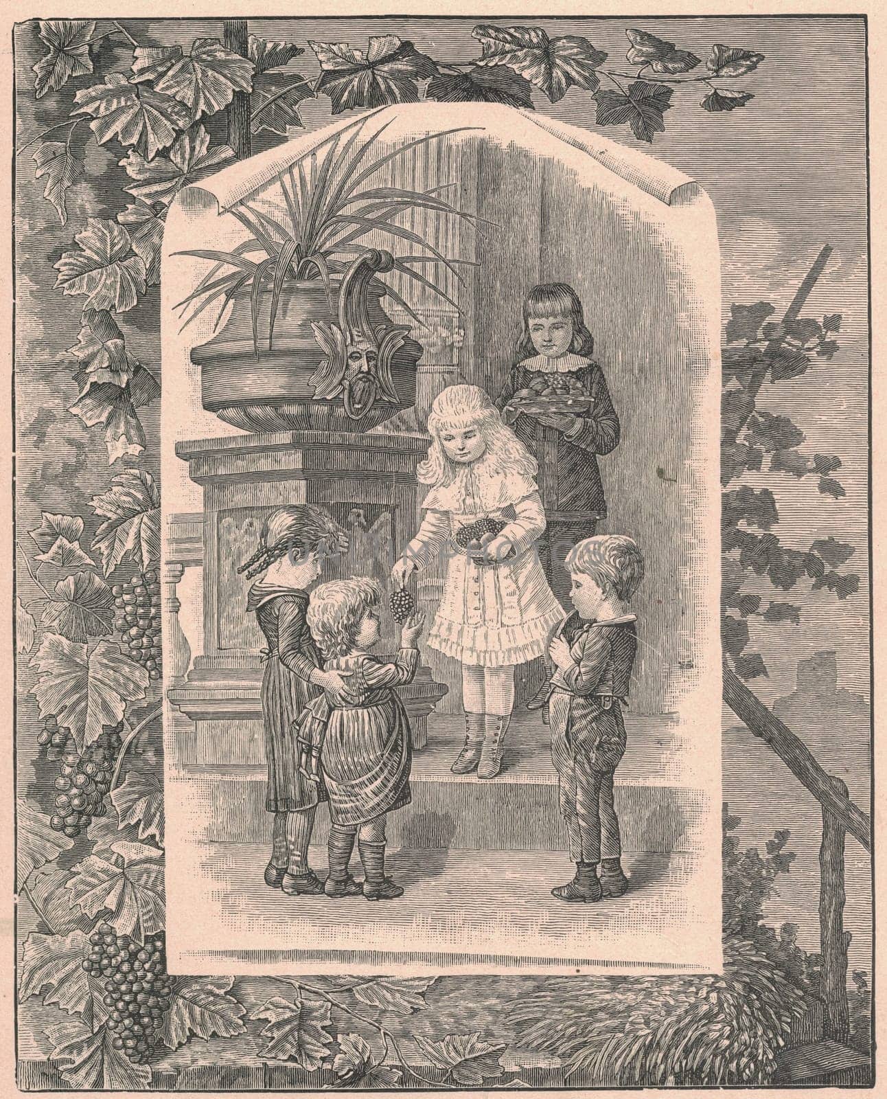 Black and white antique illustration shows a beautiful girl gives the grapes a little girl. Vintage drawing shows the group of children hold the grapes. Old picture from fairy tale book. Storybook illustration published 1910. A fairy tale, fairytale, wonder tale, magic tale, fairy story or Marchen is an instance of folklore genre that takes the form of a short story. Such stories typically feature mythical entities such as dwarfs, dragons, elves, fairies and Peris, giants, Divs, gnomes, goblins, griffins, mermaids, talking animals, trolls, unicorns, or witches, and usually magic or enchantments.