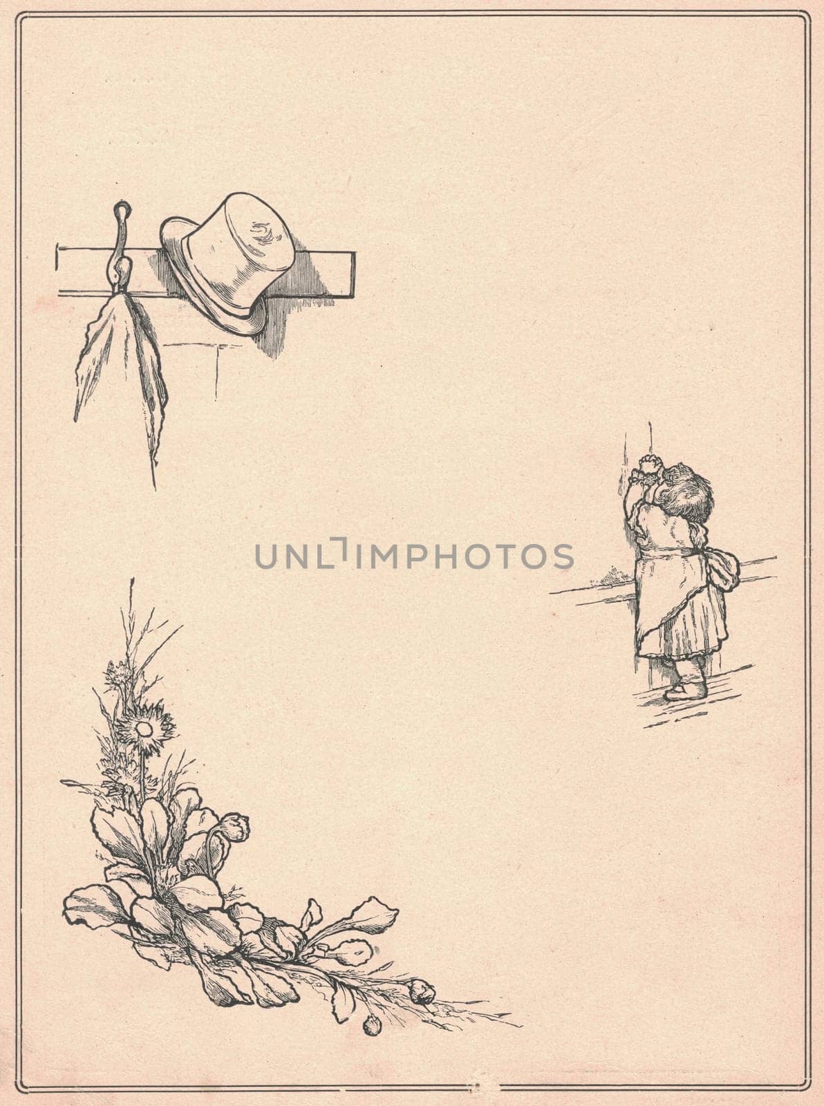 Black and white antique illustration shows the opera hat, girl and flowers. Vintage drawing shows the silk hat, praying girl and plants outside. Old picture from fairy tale book. Storybook illustration published 1910.
