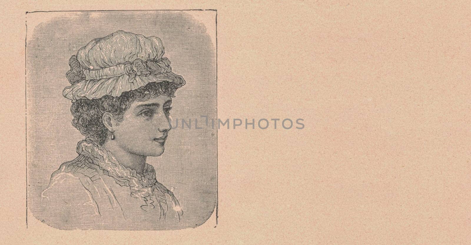 Black and white antique illustration shows a portrait of a young lady. Vintage drawing shows the portrait of the beautiful young woman. Old picture from fairy tale book. Storybook illustration published 1910 by roman_nerud