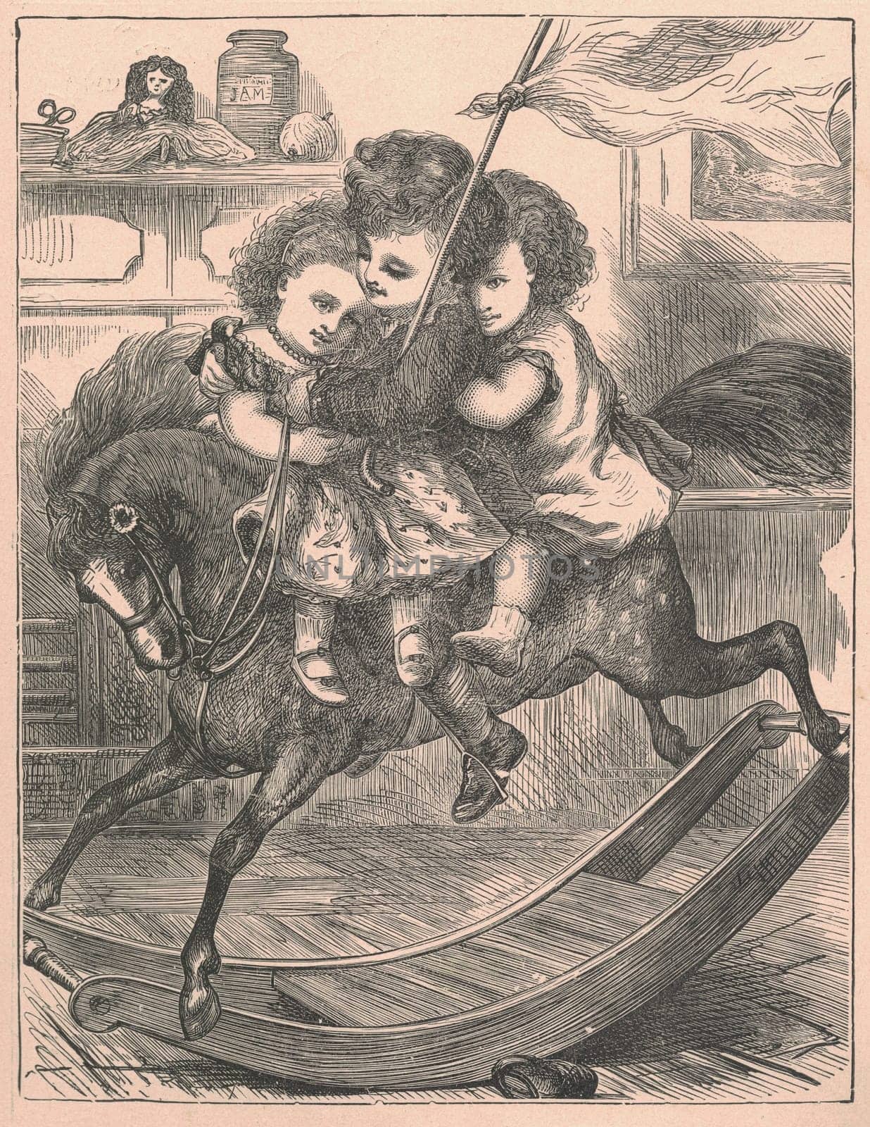 Black and white antique illustration shows children swing on a rocking horse. Vintage drawing shows the children swing on the rocking horse. Old picture from fairy tale book. Storybook illustration published 1910. A fairy tale, fairytale, wonder tale, magic tale, fairy story or Marchen is an instance of folklore genre that takes the form of a short story. Such stories typically feature mythical entities such as dwarfs, dragons, elves, fairies and Peris, giants, Divs, gnomes, goblins, griffins, mermaids, talking animals, trolls, unicorns, or witches, and usually magic or enchantments.