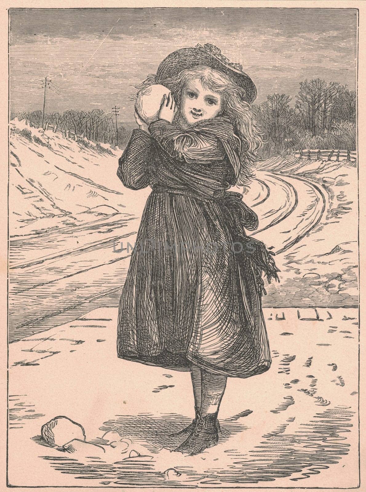 Black and white antique illustration shows a girl holds a snowball. Vintage drawing shows the cute girl holds the snowball in wintertime. Old picture from fairy tale book. Storybook illustration published 1910. by roman_nerud