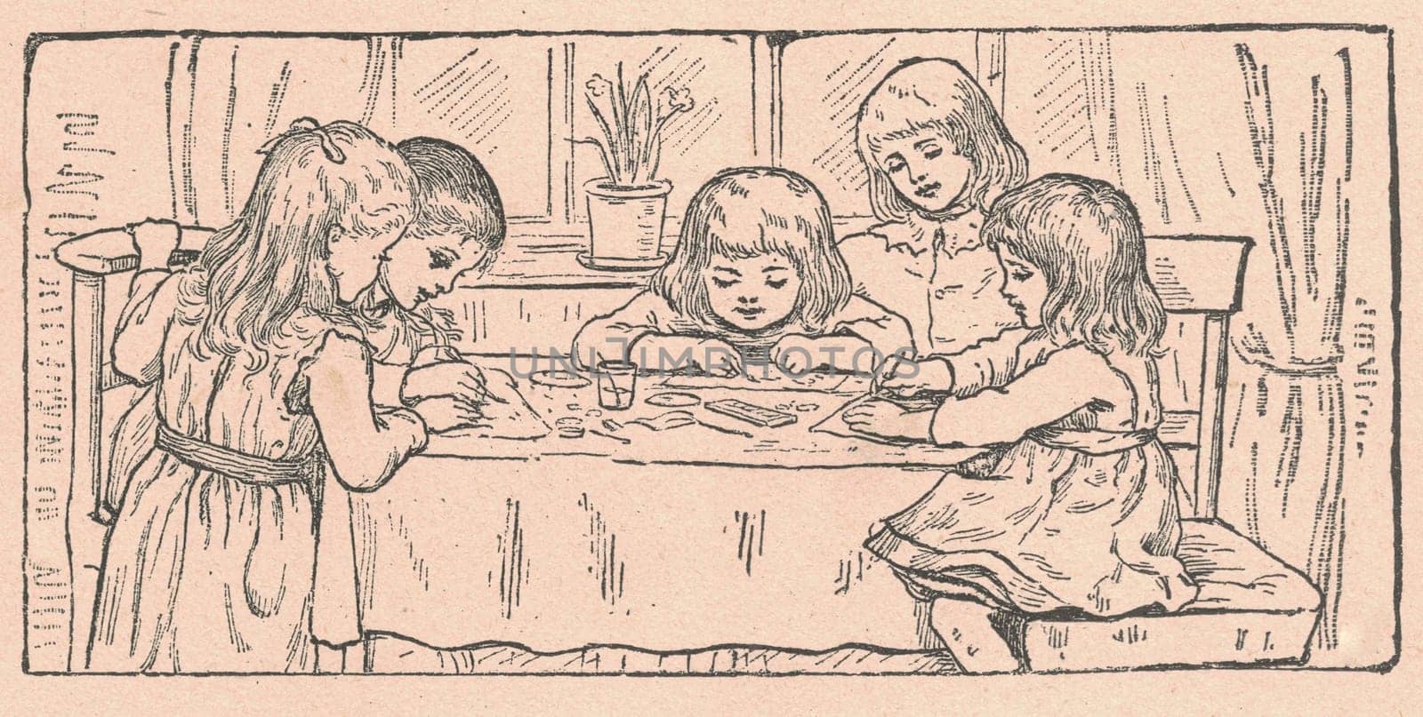 Black and white antique illustration shows children that paint and draw around the table. Vintage drawing shows the children sit around the table. Old picture from fairy tale book. Storybook illustration published 1910. by roman_nerud