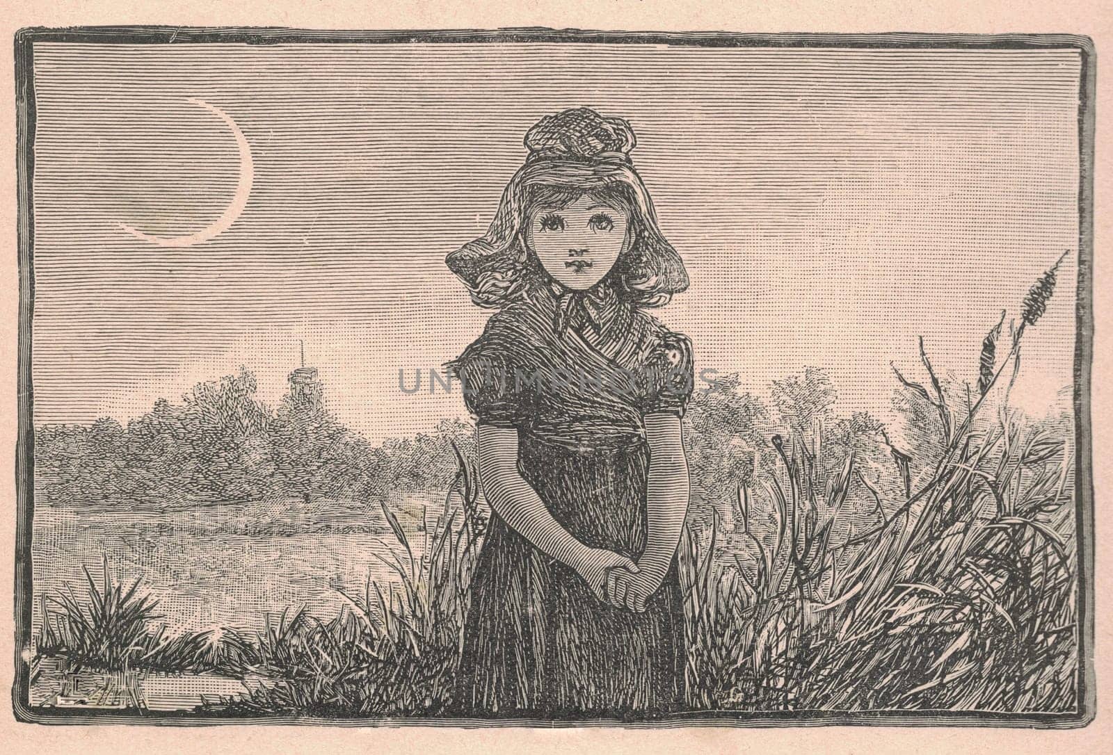 Black and white antique illustration shows a girl at dusk. Vintage drawing shows the girl at twilight. Old picture from fairy tale book. Storybook illustration published 1910 by roman_nerud